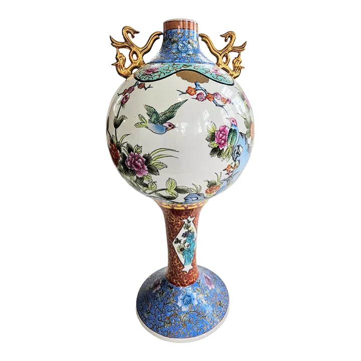 Large Mid 20th Century 'Famille-Rose' Vase: A rare large unusual 'famille-rose' vase. The globular body supported on a tall slender stem on a splayed conical foot below a short neck flanked by a pair of stylized zoomorphic handles and painted