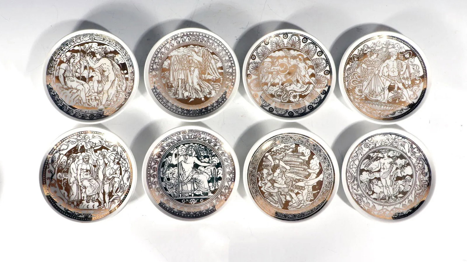 1950s Piero Fornasetti Ceramic Complete Set of Neo-Classical Mythological Gold Coasters- Mitologia P - 12