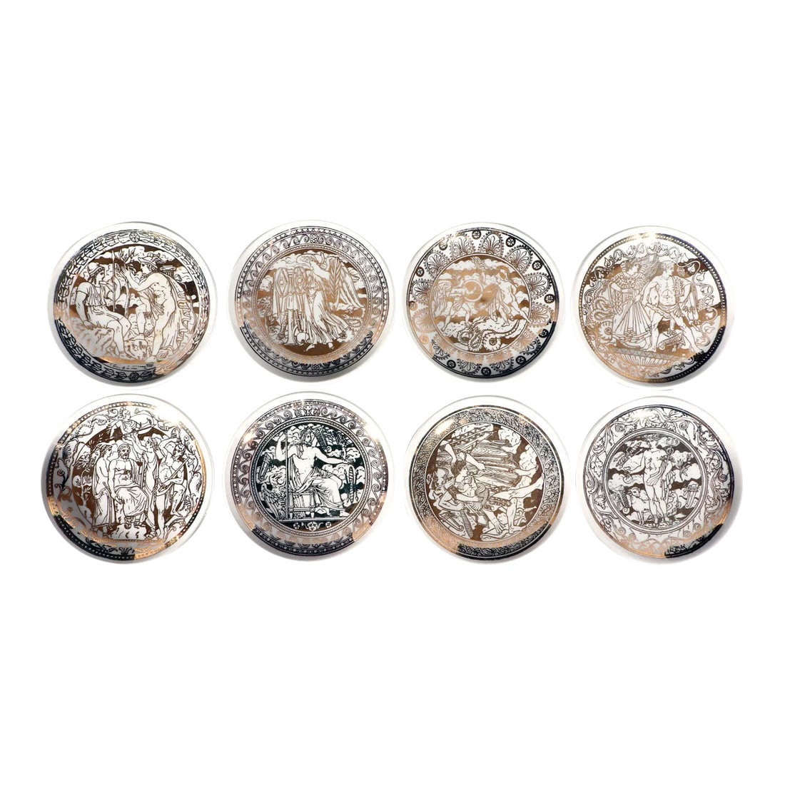 1950s Piero Fornasetti Ceramic Complete Set of Neo-Classical Mythological Gold Coasters- Mitologia P (1 of 12)