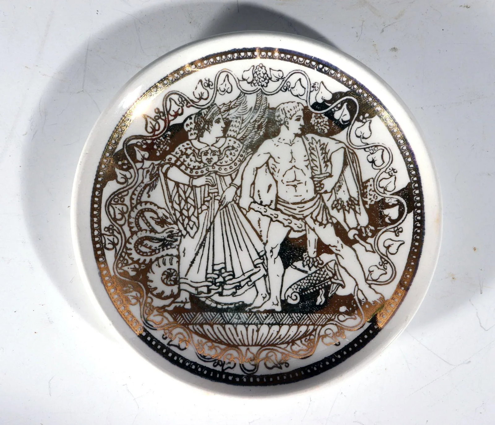 1950s Piero Fornasetti Ceramic Complete Set of Neo-Classical Mythological Gold Coasters- Mitologia P - 9