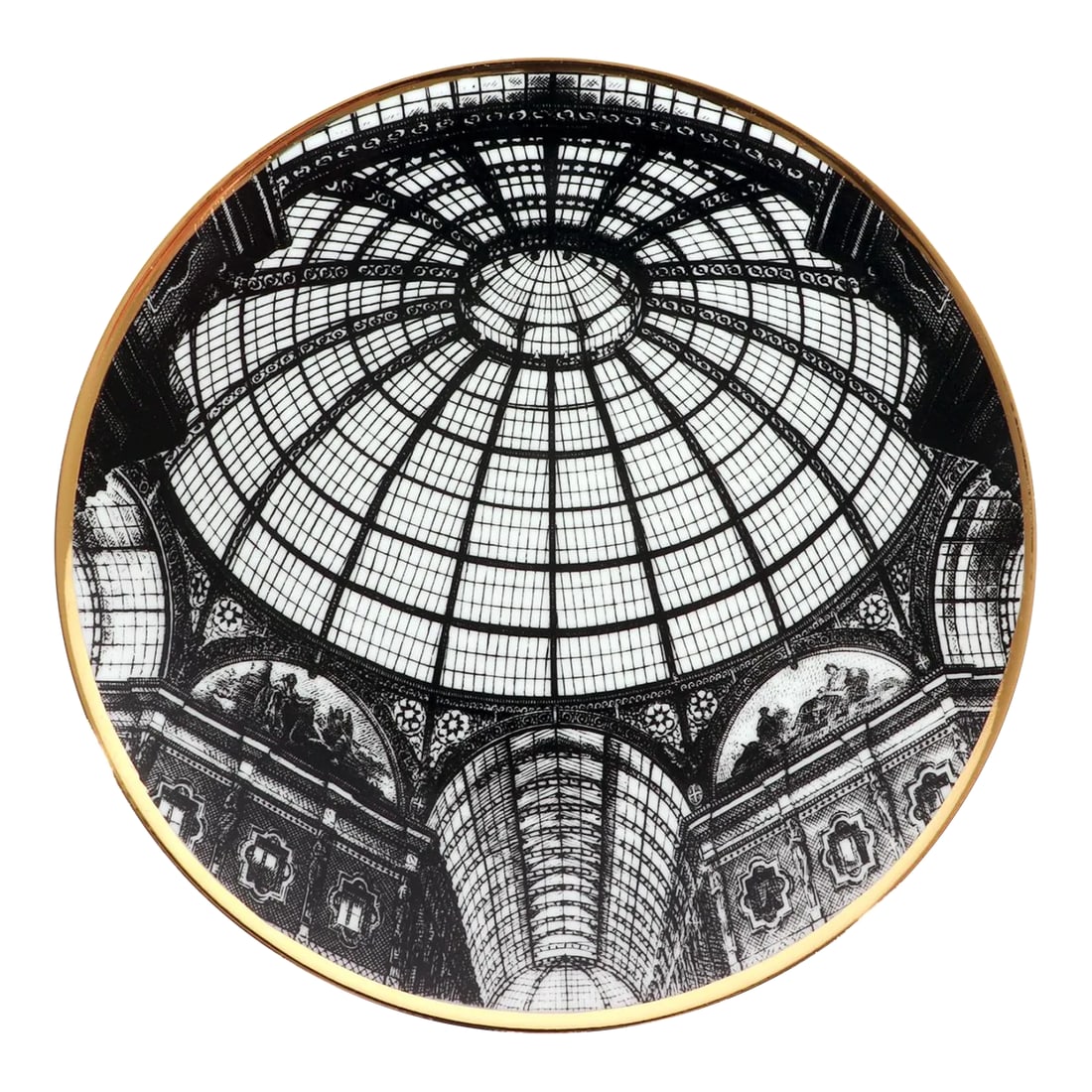 Fornasetti Dome Plate, Cupola Galleria Di Milano: Barnaba Fornasetti Dome Plate, Cupola Galleria di Milano Number 7 in Series, Dated 2018 Each plate in the series has a different dome of a named and numbered building on the reverse, seen from the