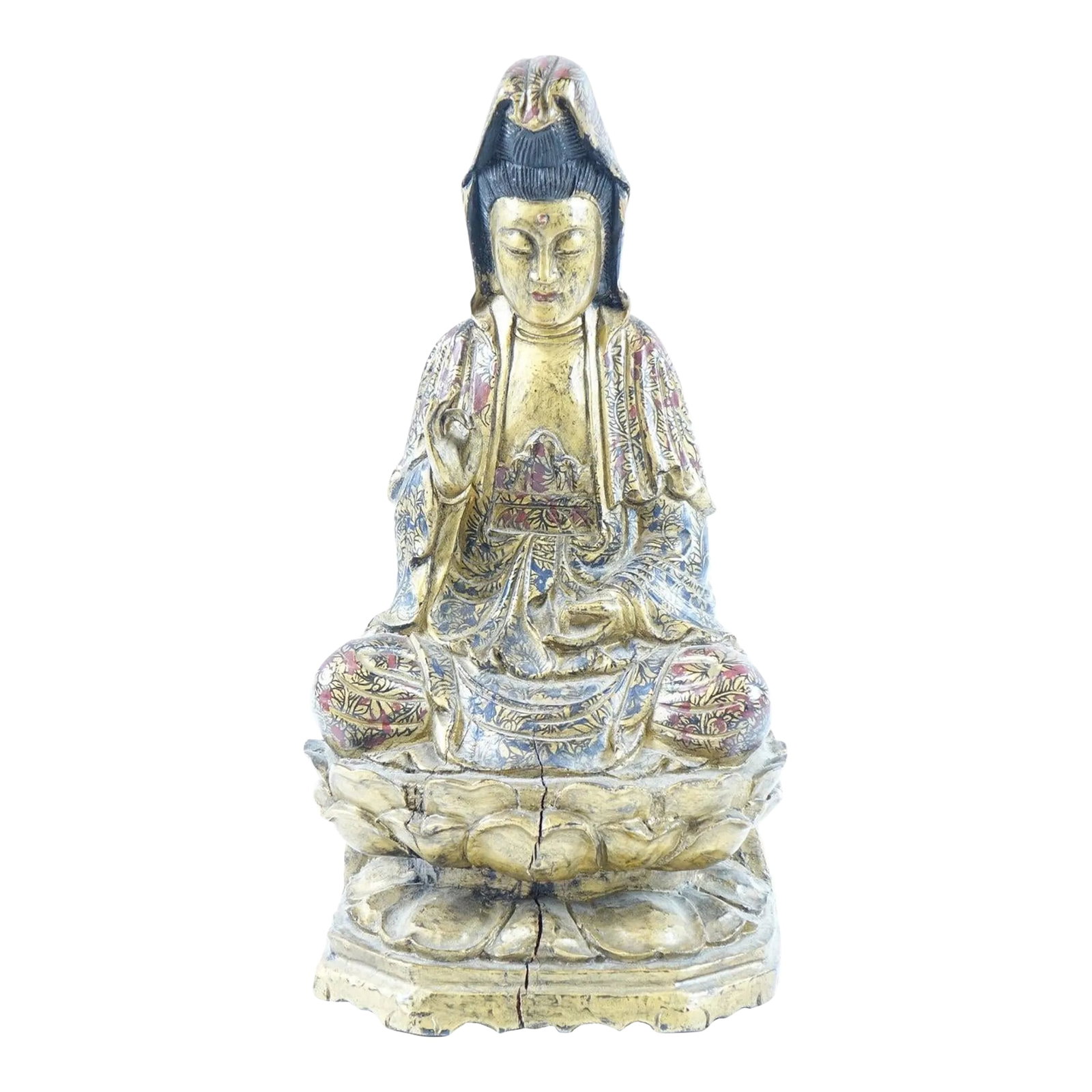 19th Century Antique Chinese Painted Wood Carving of Buddha: Antique Chinese Painted Wood Carving of Buddha - 8.25" x 7.75" x 16.25" Condition: Alterations: Unknown Imperfections: Some Imperfections Condition Notes: Good Condition. See pictures for more
