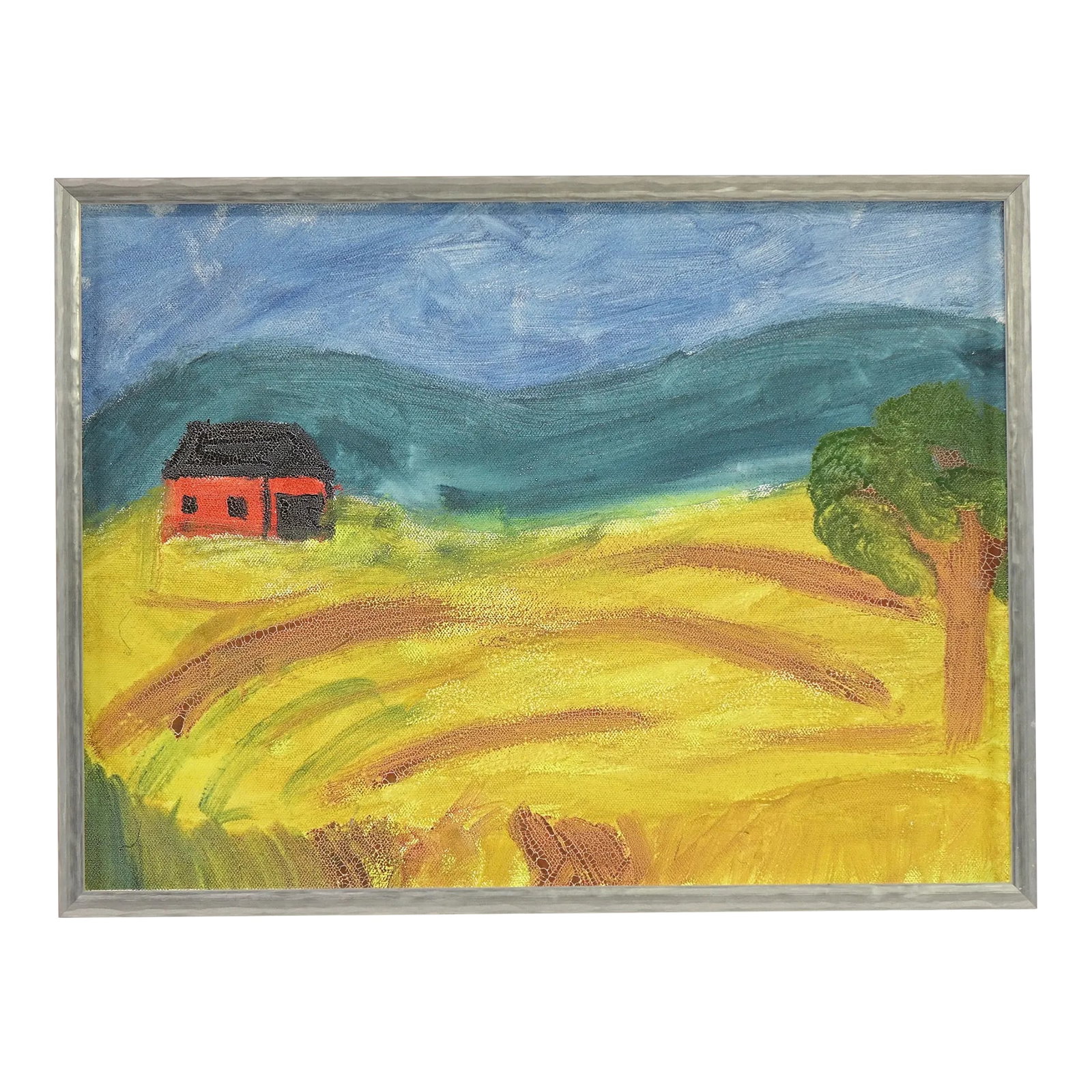 Field of Dreams - Early 20th Century Landscape, Original Acrylic Painting on Canvas, Framed: This cheerful acrylic landscape captures the rustic serenity of a golden countryside, composed in bold, expressive strokes. A lone red house with a black roof nestles into the left side of the