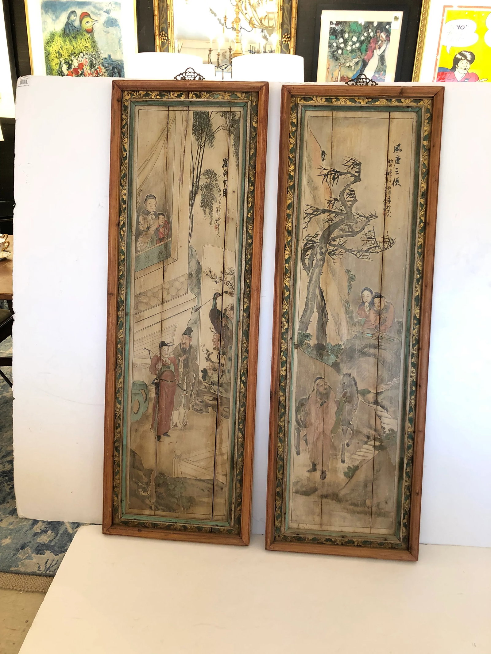 19th Century Antique Chinoiserie Figurative Distressed Painted Panels -A Pair - 13