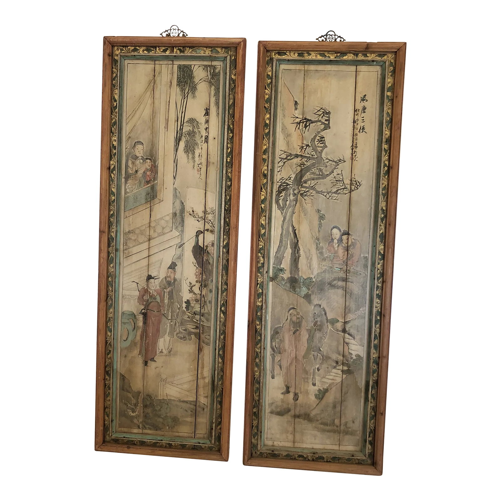 19th Century Antique Chinoiserie Figurative Distressed Painted Panels -A Pair: Impressive large pair of antique distressed original Chinoiserie paintings on wood panels having marvelous weathered patina. Frames are celadon green with silver and gold raised decoration, and the