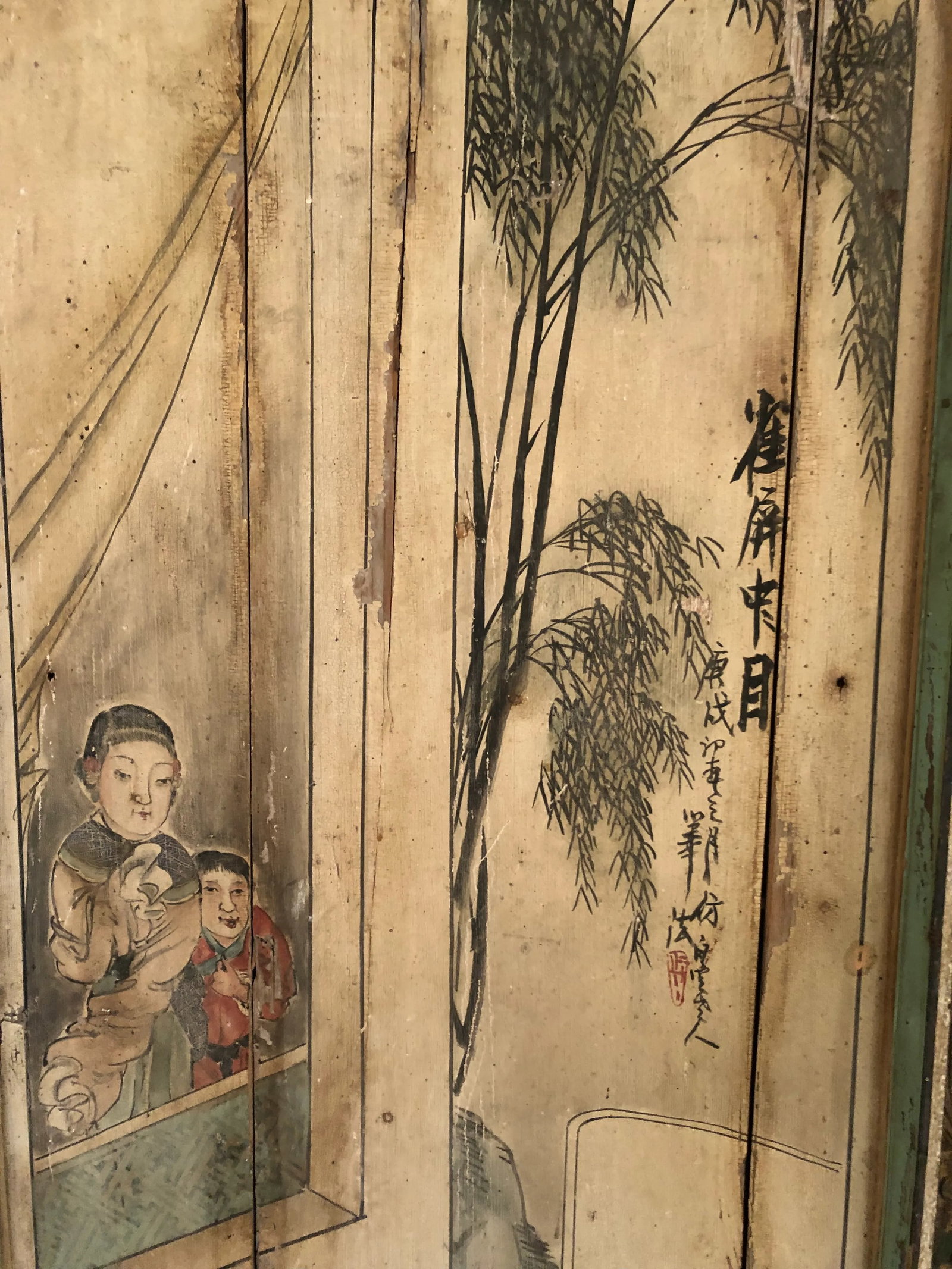 19th Century Antique Chinoiserie Figurative Distressed Painted Panels -A Pair - 8