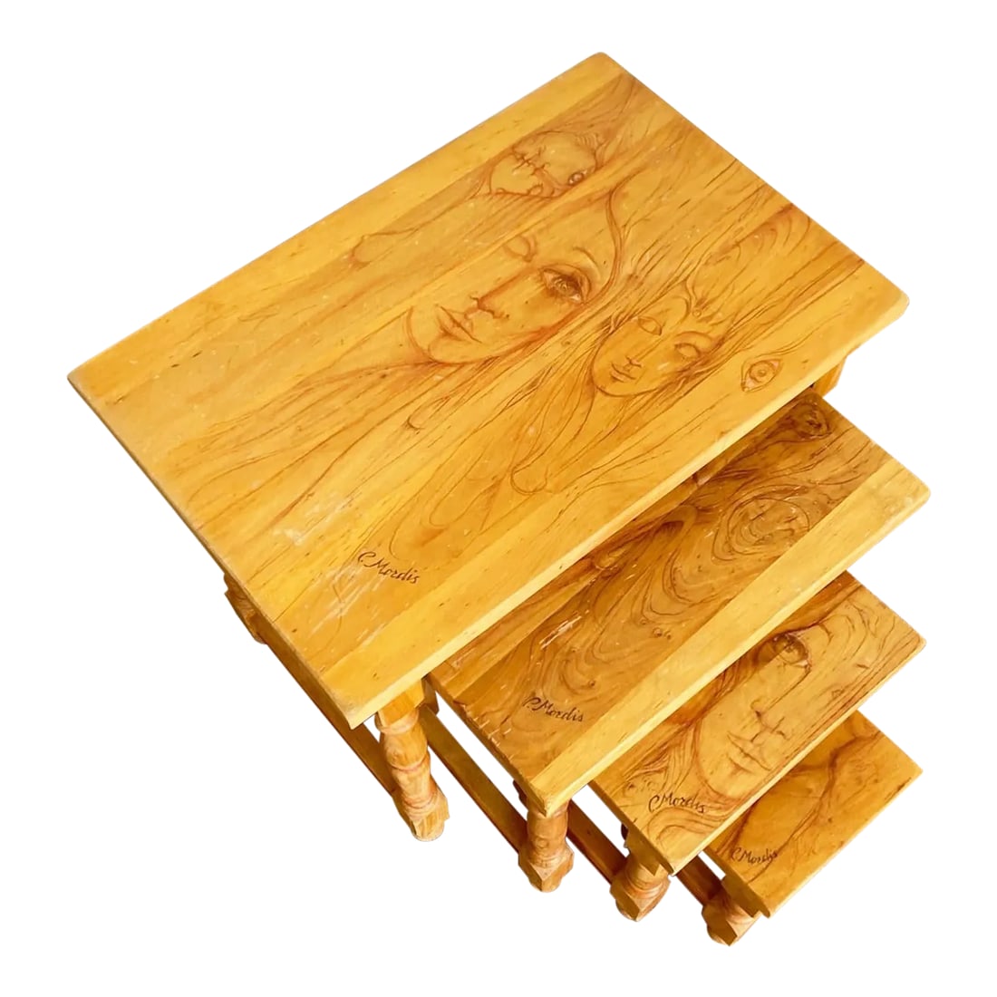 Vintage Wooden Hand Drawn Female Body Form Nesting Tables - Set of 4: Incredible set of 4 vintage wooden nesting tables. Table base are of a traditional farmhouse style. The tops of each table display hand drawn female faces and bodies absent of clothing. Each are