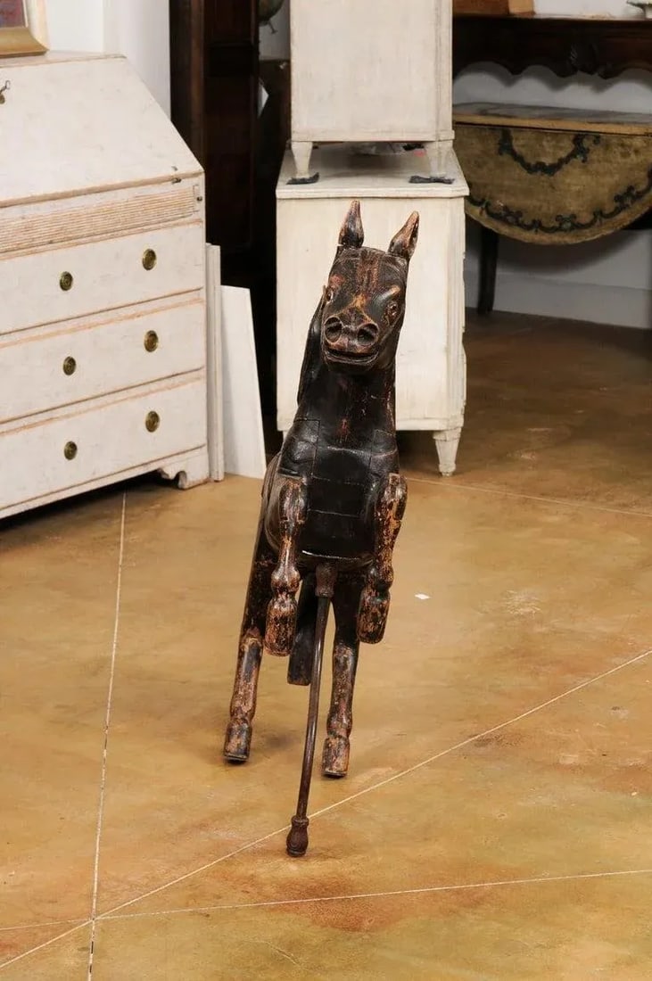 Late 19th Century French Carved Carousel Prancing Horse Sculpture with Patina - 2