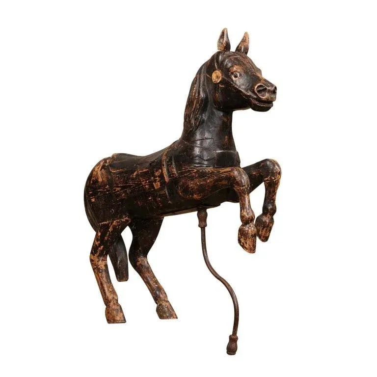Late 19th Century French Carved Carousel Prancing Horse Sculpture with Patina - 3