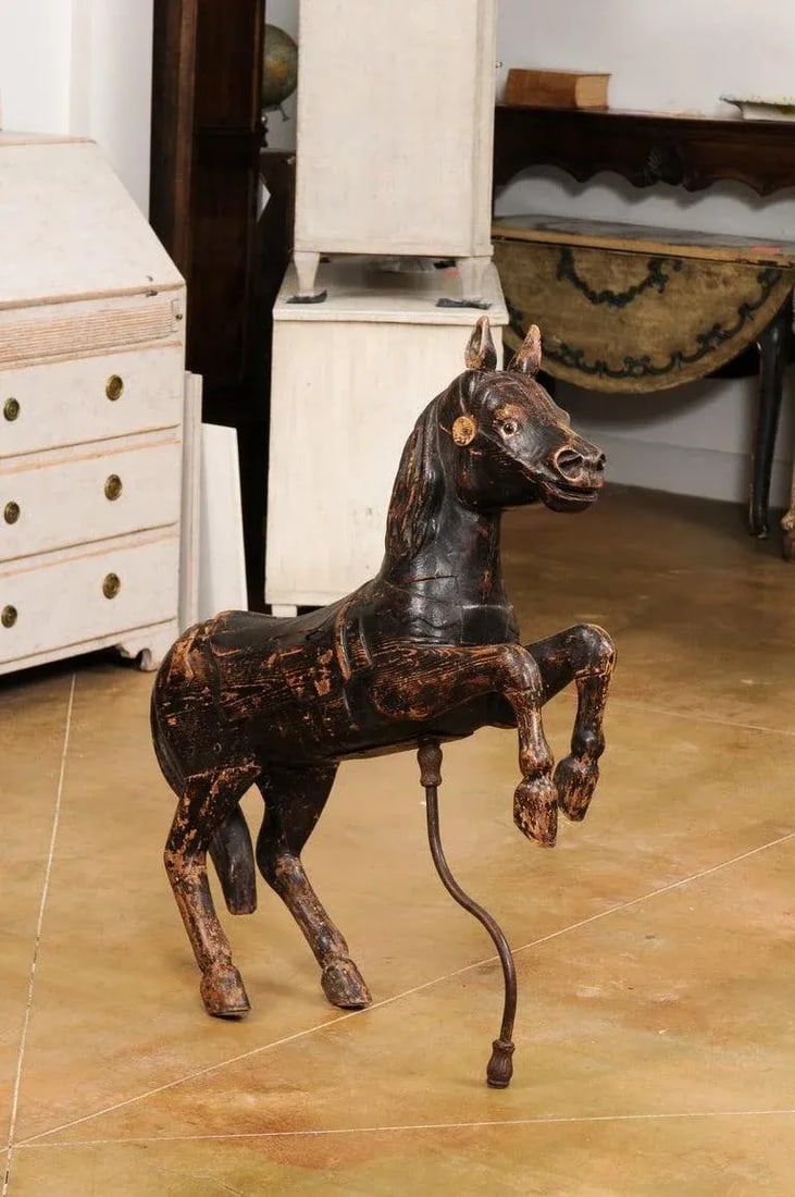 Late 19th Century French Carved Carousel Prancing Horse Sculpture with Patina - 4