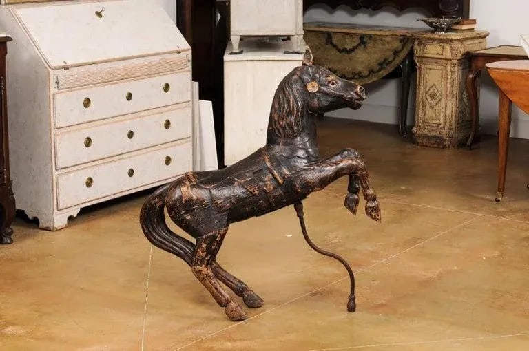 Late 19th Century French Carved Carousel Prancing Horse Sculpture with Patina - 8