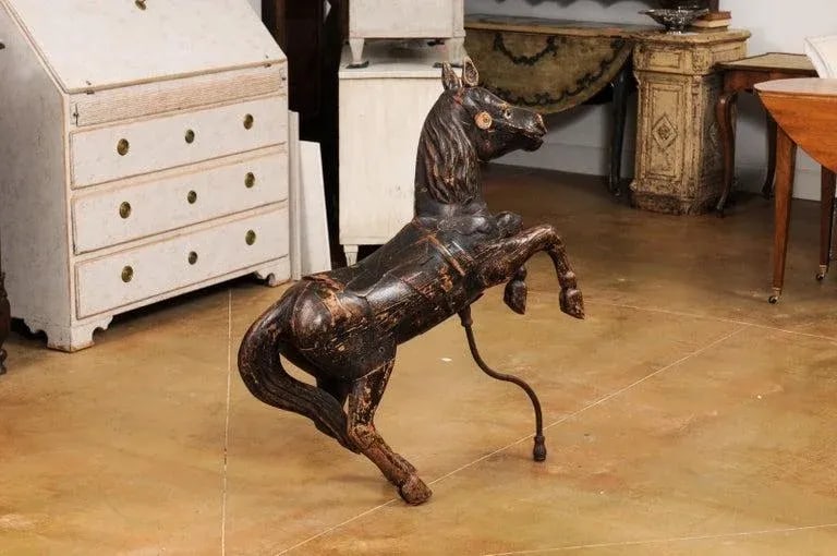 Late 19th Century French Carved Carousel Prancing Horse Sculpture with Patina - 9