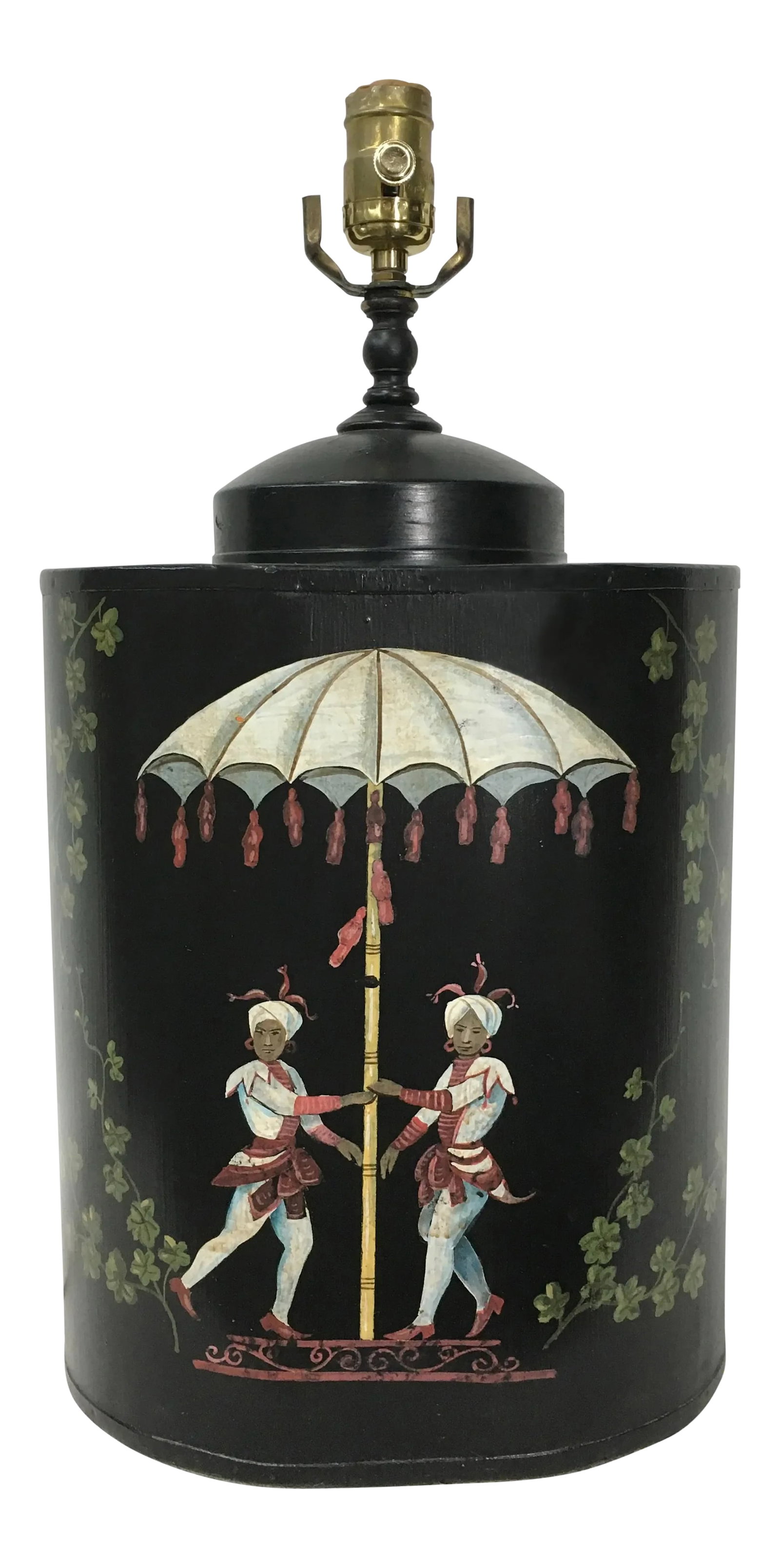 Late 20th Century Oval English Style Tea Caddy Lamp: Handpainted whimsical design featuring two red and white figures under an umbrella surrounded by trees in front of a black background. Condition: Imperfections: Some Imperfections Condition Notes: