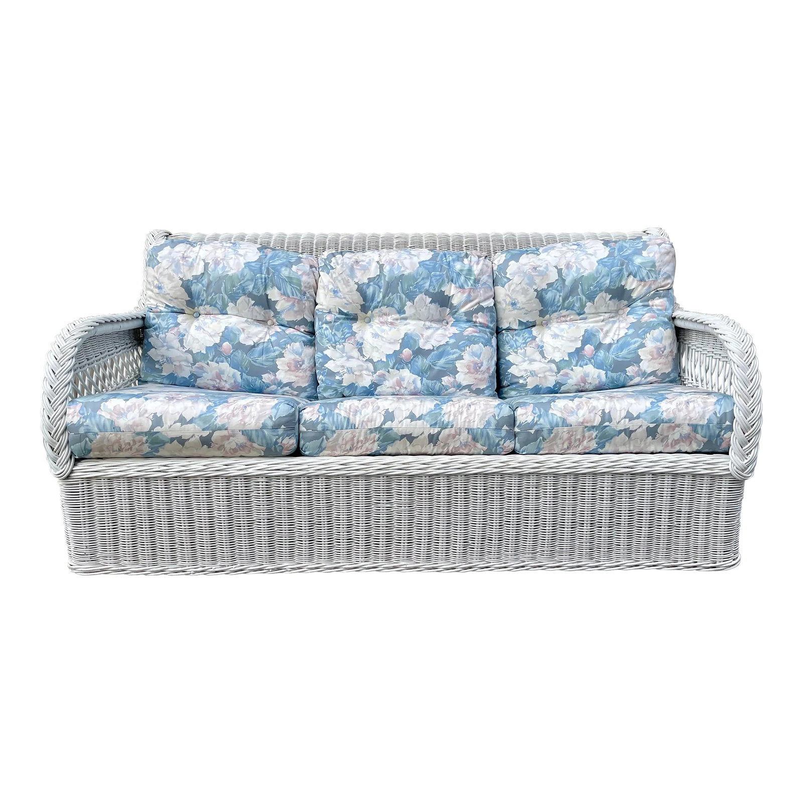 Vintage Coastal Boho Chic White Lexington Henry Link Wicker Three Seat Sofa With Blue Cushions: White vintage designer Henri Link for Lexington Furniture Coastal Boho Chic high quality braided wicker sofa with pull out bed. Original blue floral cushions included. Made in USA, Lexington