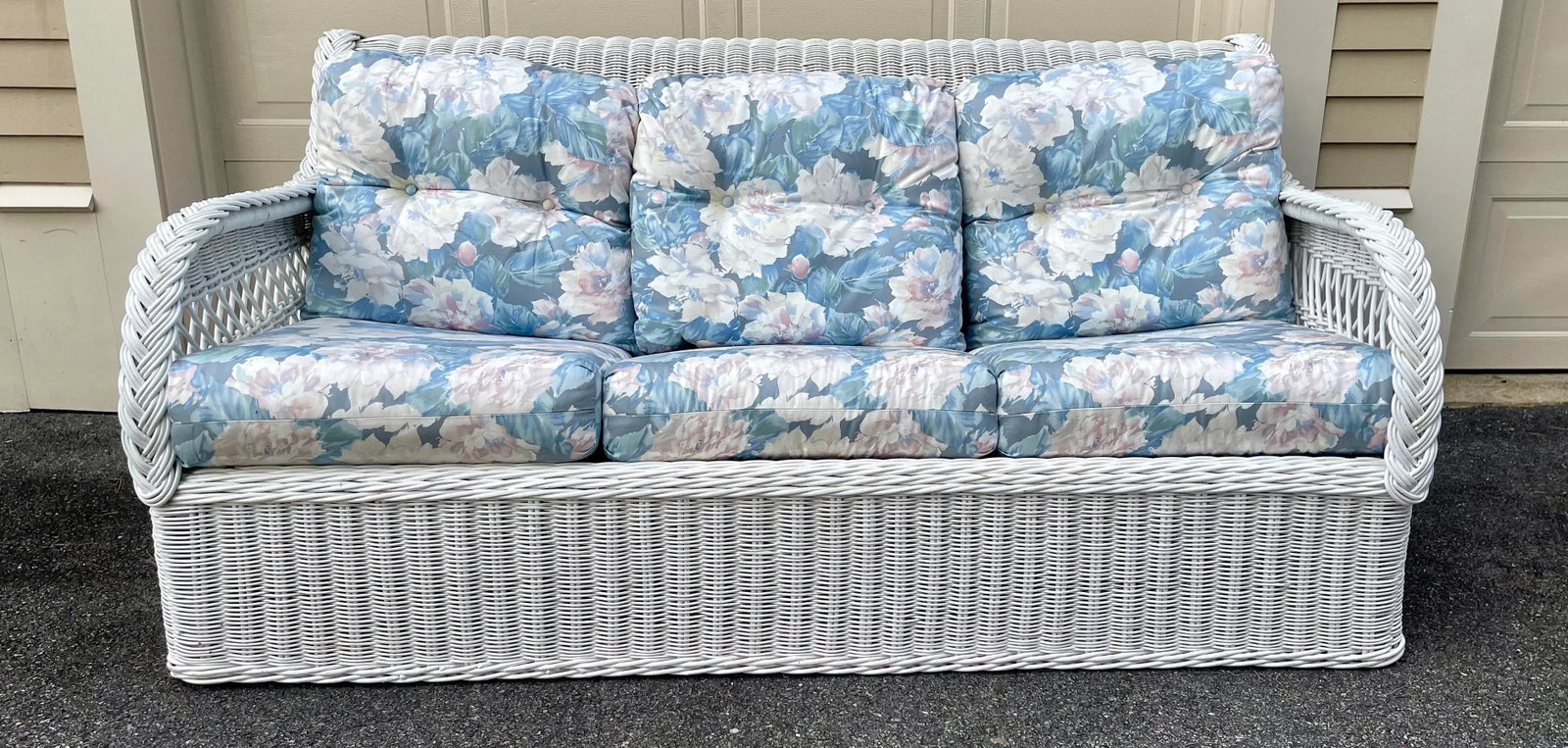 Vintage Coastal Boho Chic White Lexington Henry Link Wicker Three Seat Sofa With Blue Cushions - 2