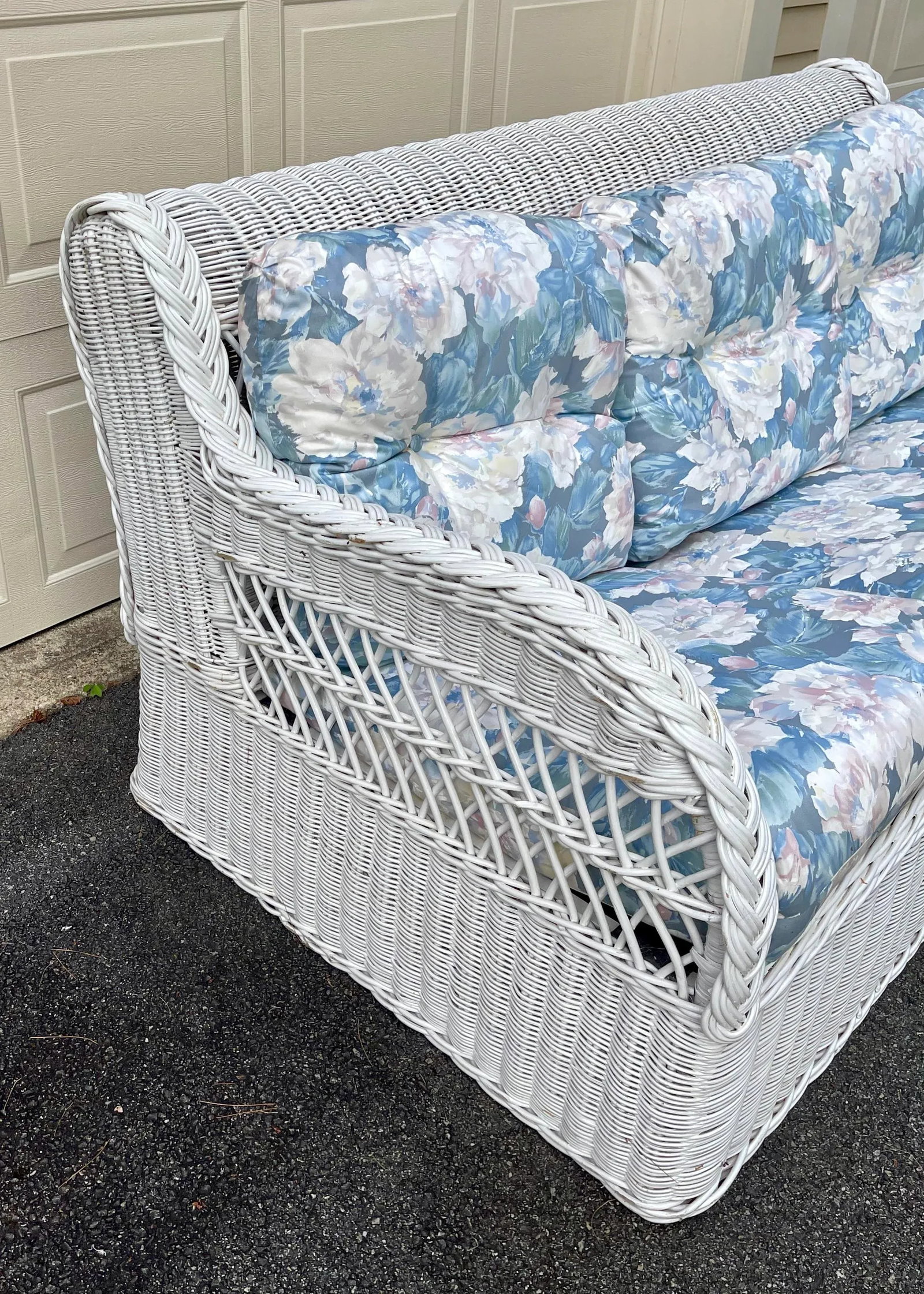 Vintage Coastal Boho Chic White Lexington Henry Link Wicker Three Seat Sofa With Blue Cushions - 3