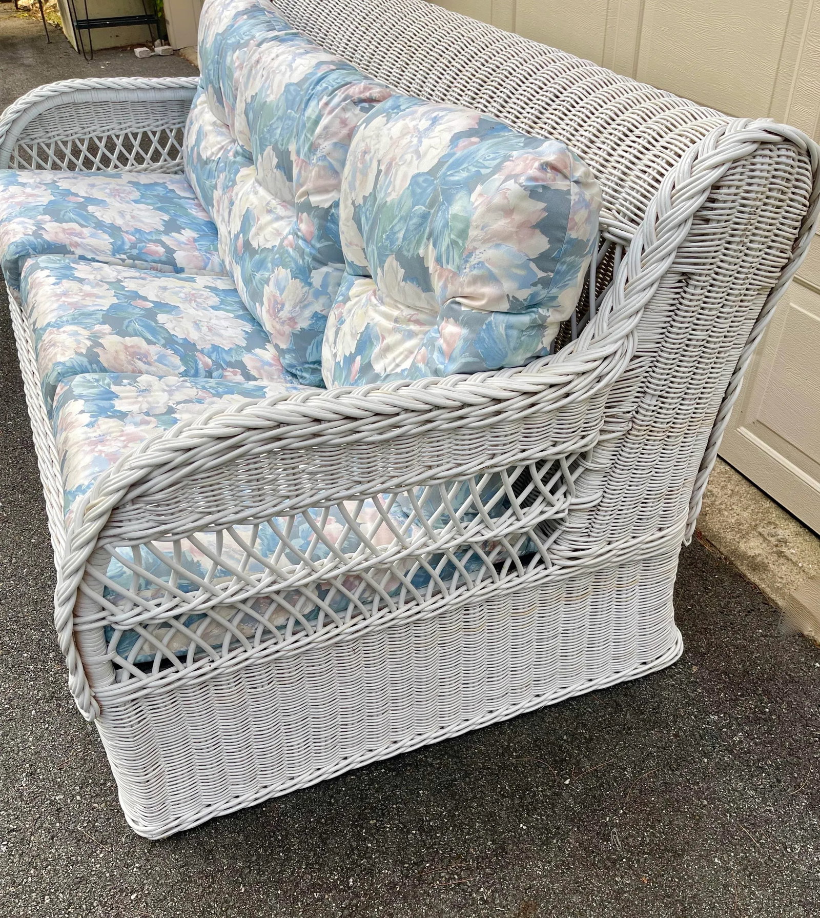Vintage Coastal Boho Chic White Lexington Henry Link Wicker Three Seat Sofa With Blue Cushions - 5