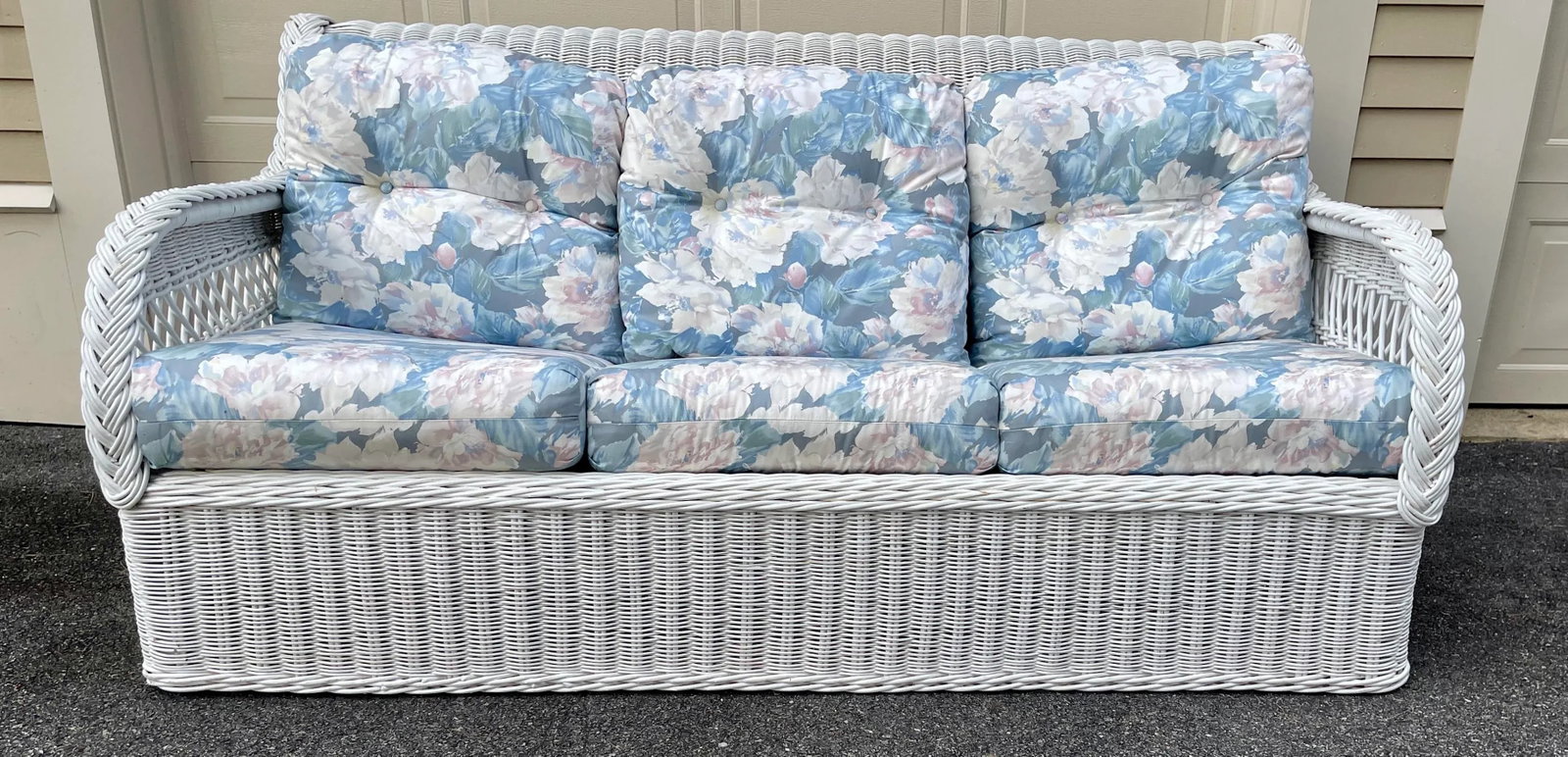 Vintage Coastal Boho Chic White Lexington Henry Link Wicker Three Seat Sofa With Blue Cushions - 6