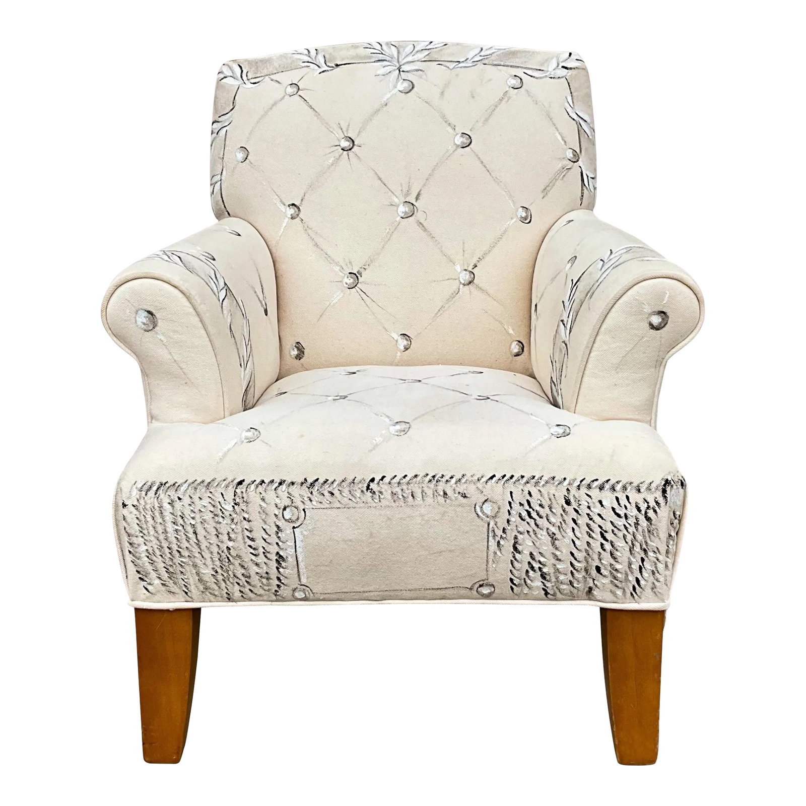 Limited Hand Painted Vera Wang Child'Aos Club or Wing Back Chair for Ethan Allen: The holidays are just around the corner! This is a child's club chair designed by Vera Wang in limited release for Ethan Allen. It is in neutrals with its ivory background and faux gray painted tuftin