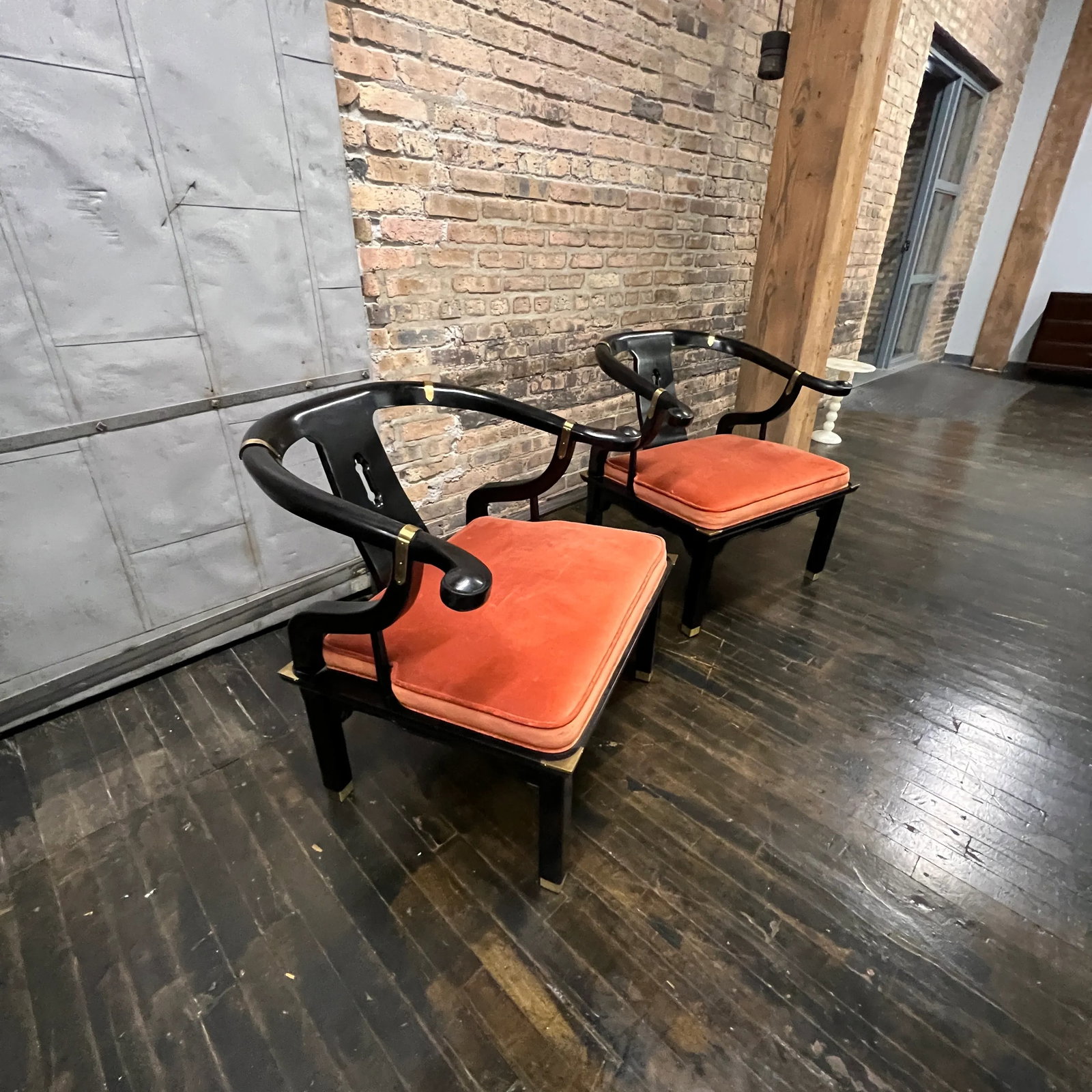 Pair of James Mont Style Mid-Century Black Lacquered Horseshoe Chairs by Century Furniture - 2