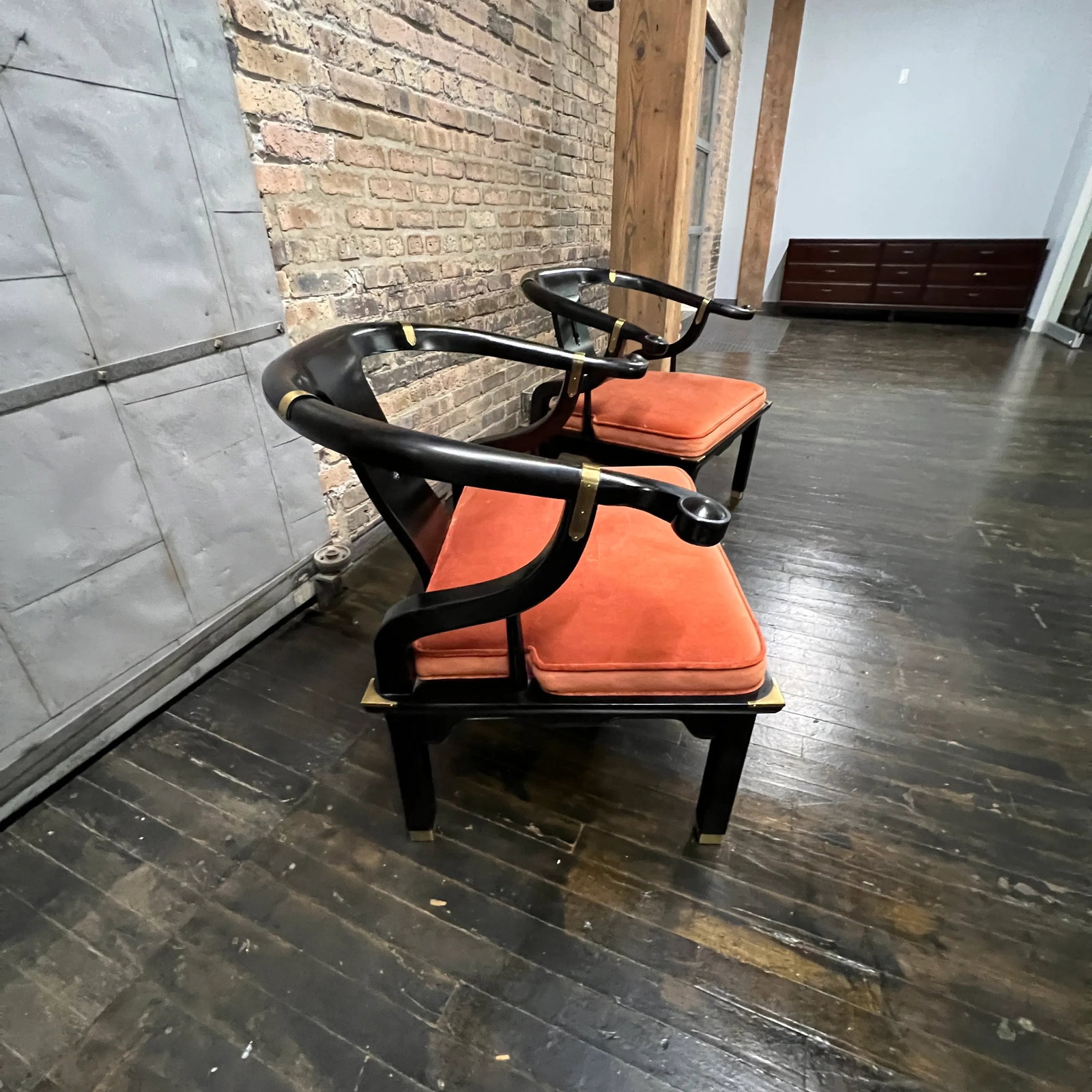 Pair of James Mont Style Mid-Century Black Lacquered Horseshoe Chairs by Century Furniture - 3