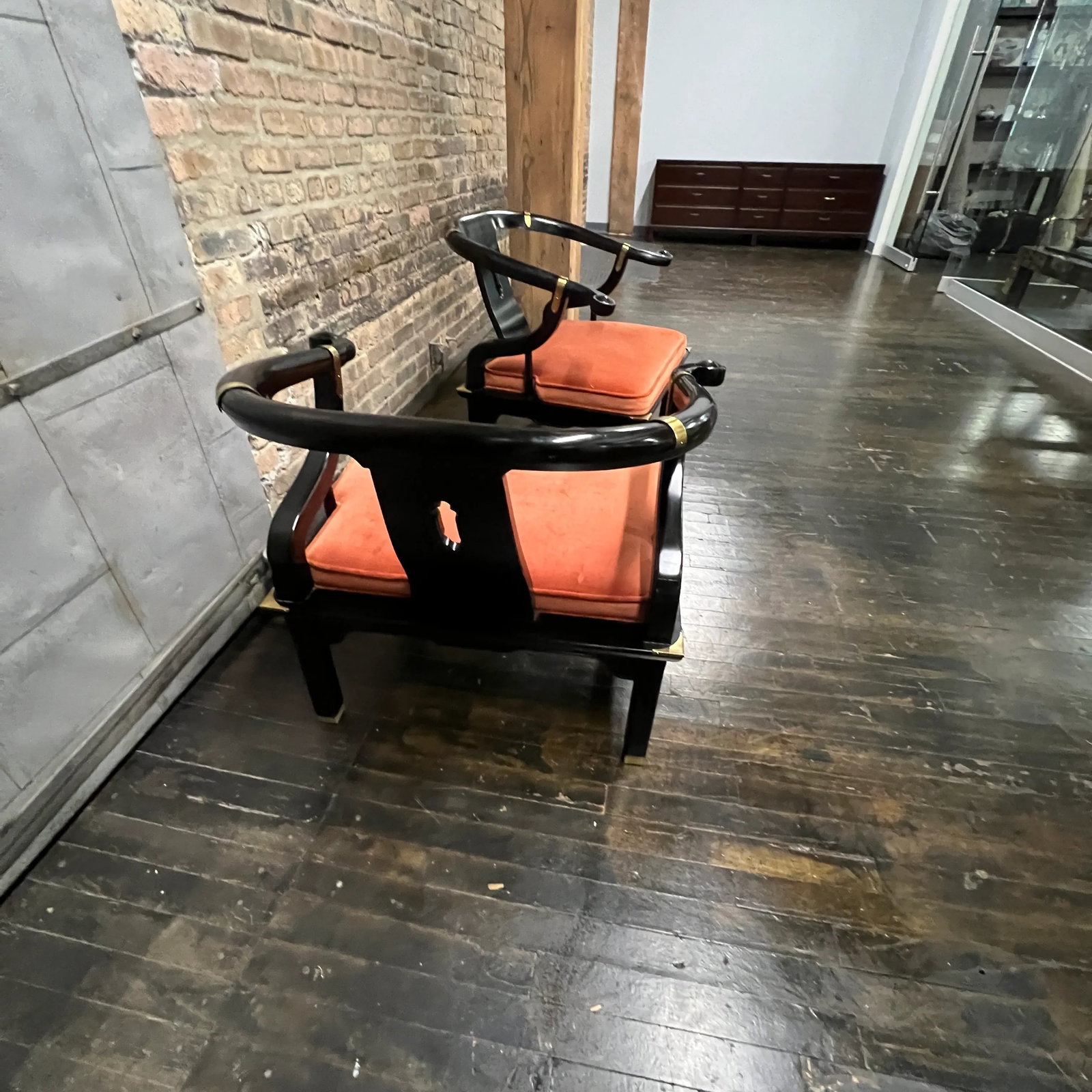 Pair of James Mont Style Mid-Century Black Lacquered Horseshoe Chairs by Century Furniture - 4
