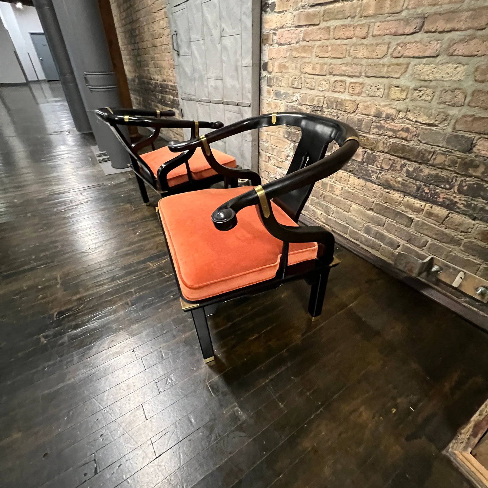 Pair of James Mont Style Mid-Century Black Lacquered Horseshoe Chairs by Century Furniture - 5