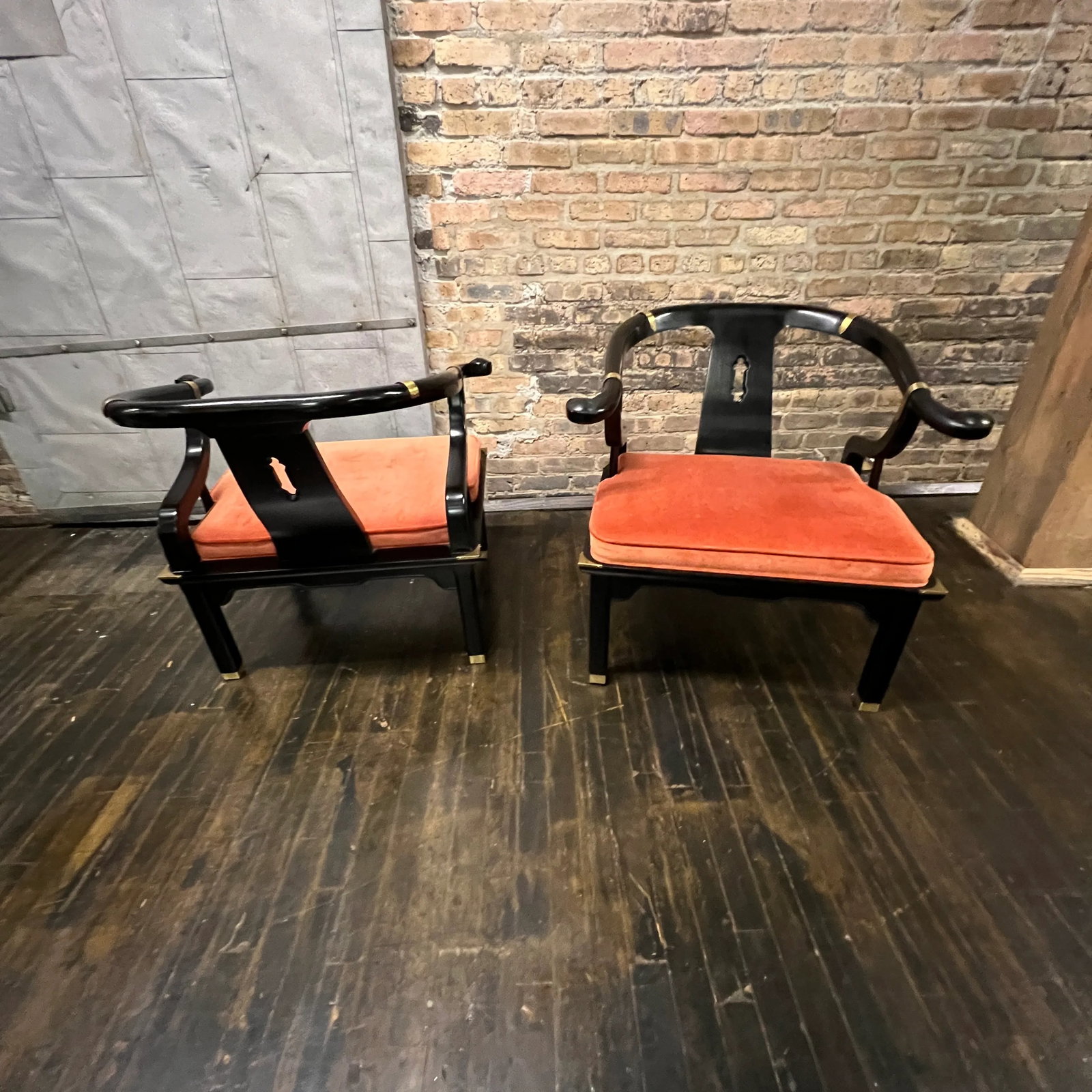 Pair of James Mont Style Mid-Century Black Lacquered Horseshoe Chairs by Century Furniture - 6