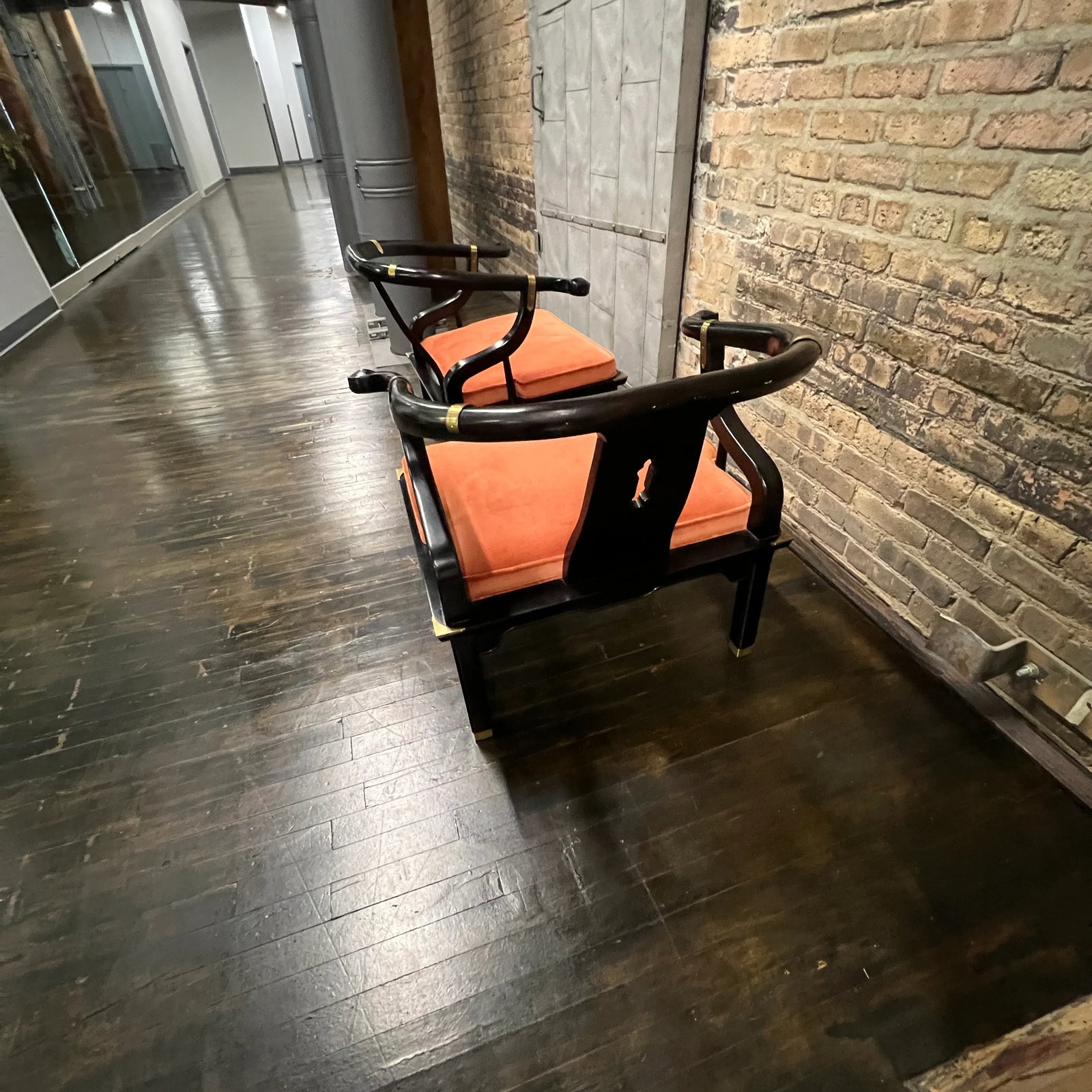 Pair of James Mont Style Mid-Century Black Lacquered Horseshoe Chairs by Century Furniture - 7