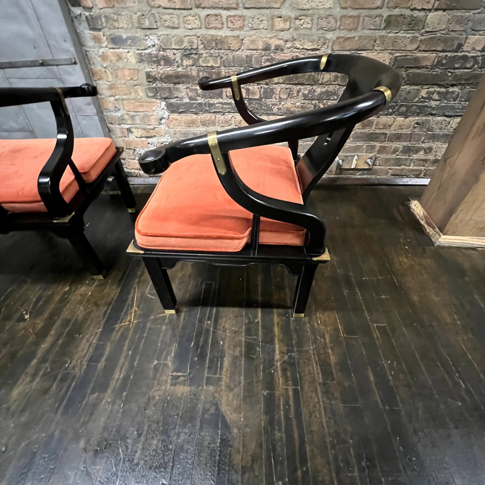 Pair of James Mont Style Mid-Century Black Lacquered Horseshoe Chairs by Century Furniture - 8