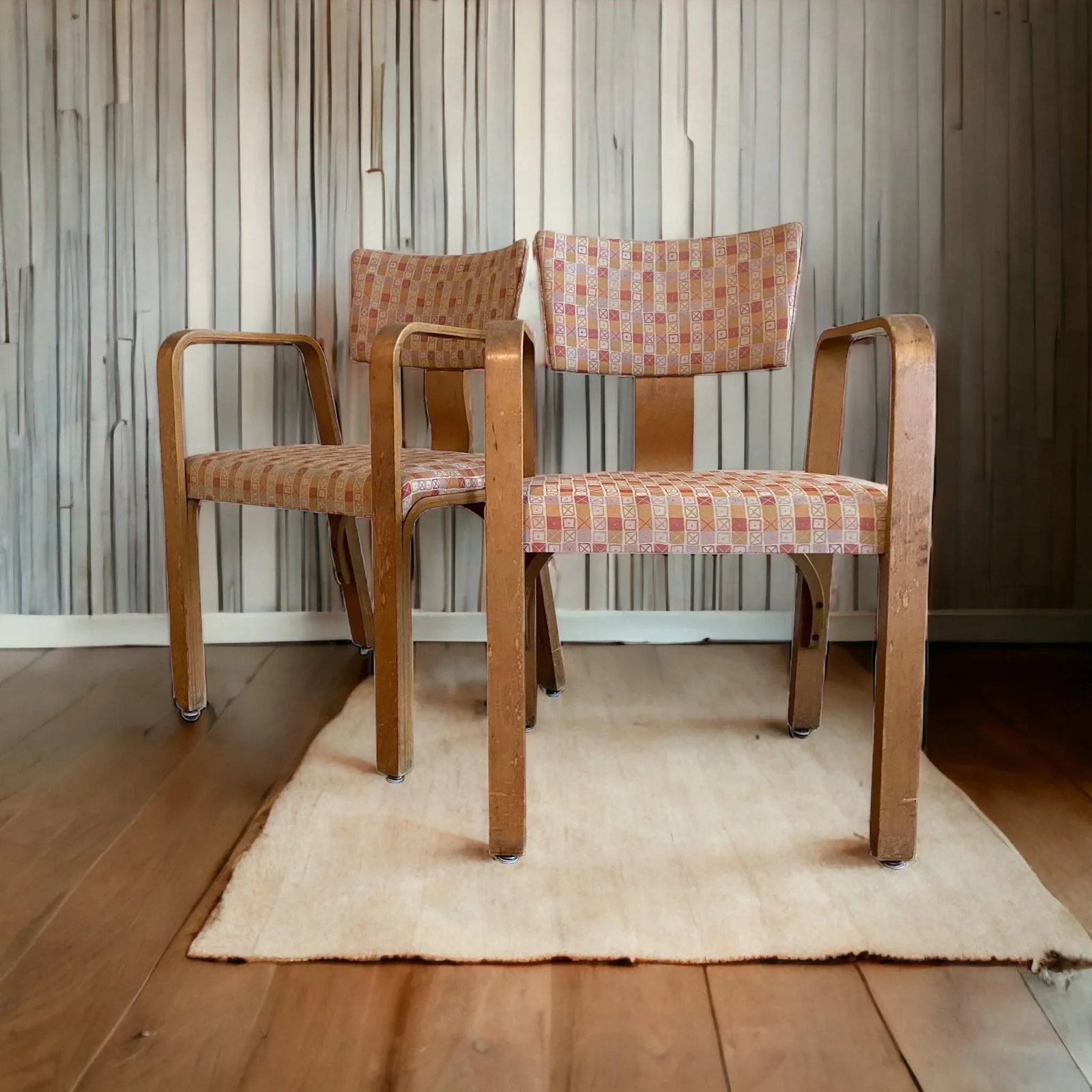 Joe Atkinson Designed Thonet Industries Arm Chairs Upholstered in Eames Crosspatch - 12
