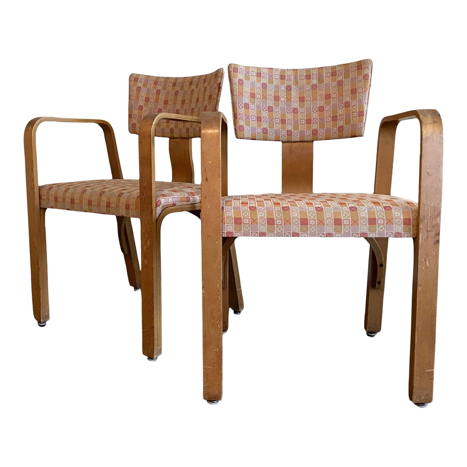 Joe Atkinson Designed Thonet Industries Arm Chairs Upholstered in Eames Crosspatch: Outside measurements - width 21" x 21" square height 33.25" height of seat 19.25" width of inside seat 17.75" feet depth of seat 17" ish height of arms 27.5" The iconic Eames designed fabric on these