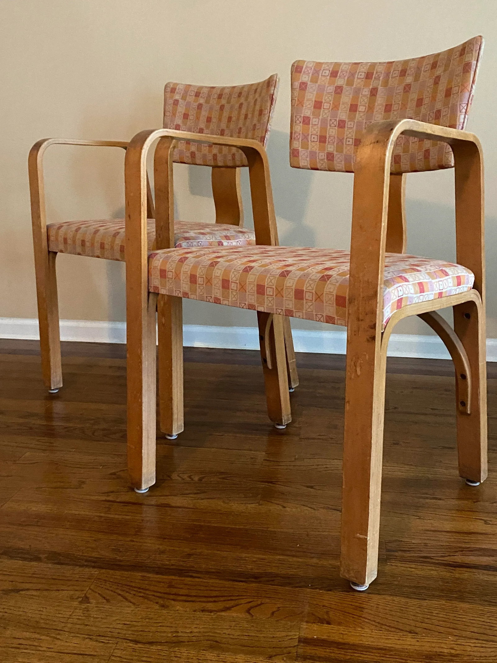 Joe Atkinson Designed Thonet Industries Arm Chairs Upholstered in Eames Crosspatch - 3