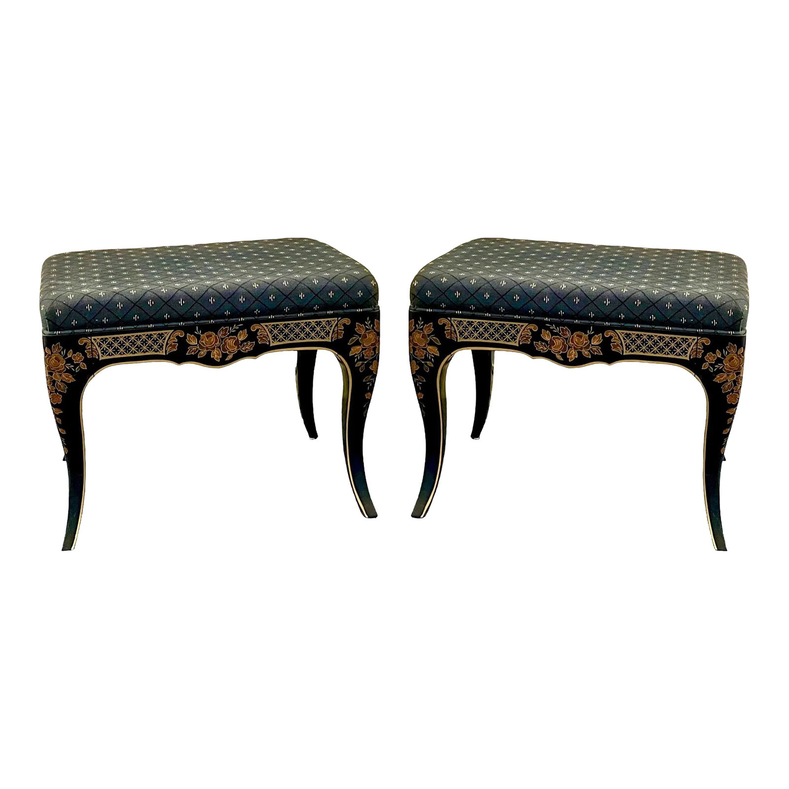 20th Century Black Lacquer Chinoiserie Painted Ottomans - Pair (1 of 5)