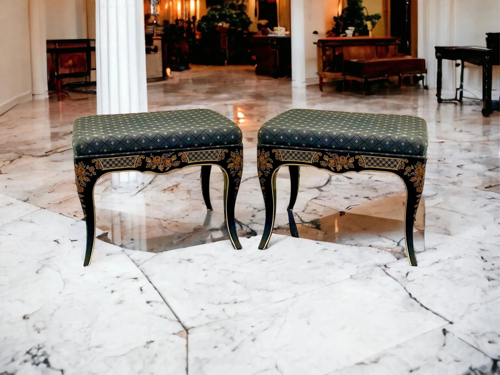 20th Century Black Lacquer Chinoiserie Painted Ottomans - Pair - 2