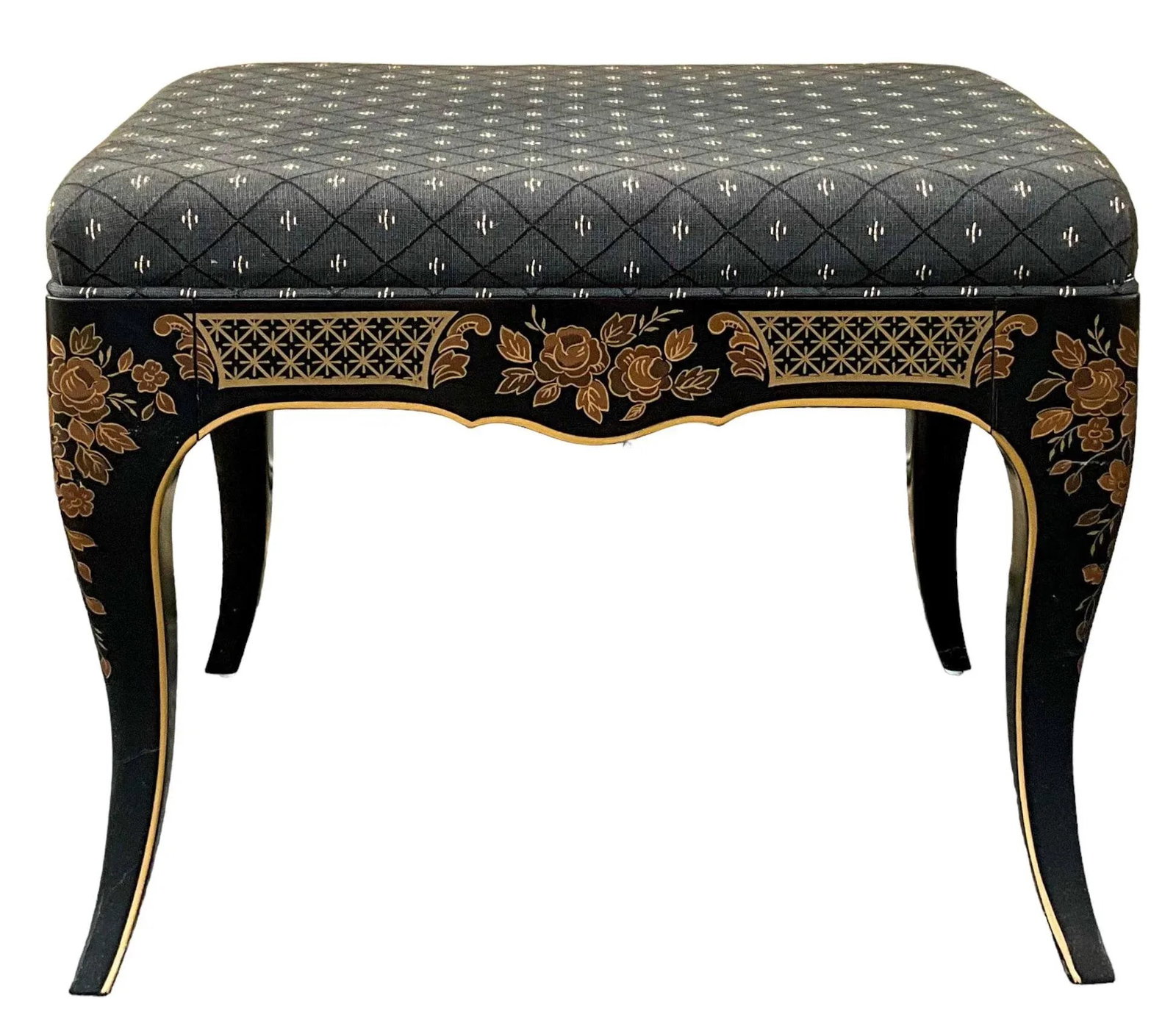 20th Century Black Lacquer Chinoiserie Painted Ottomans - Pair - 3