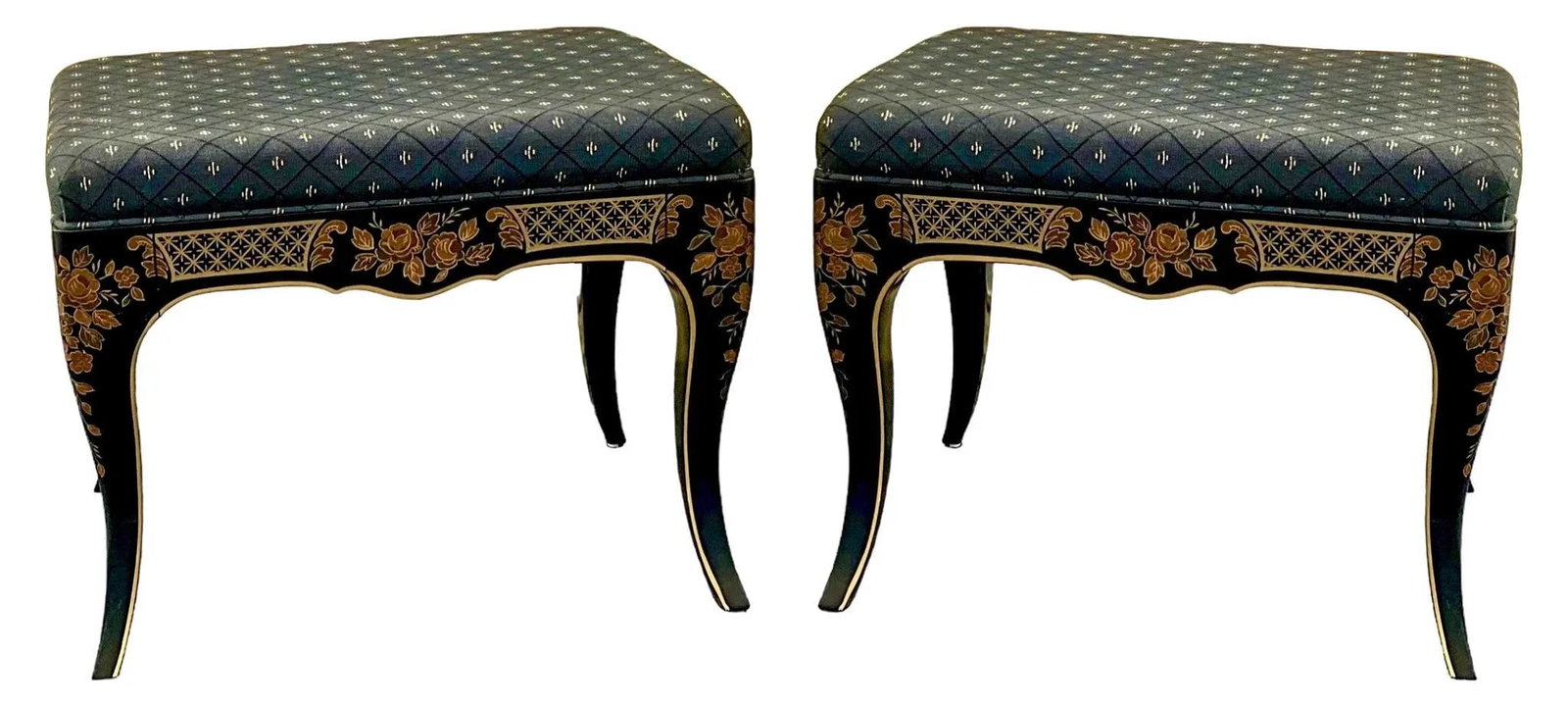 20th Century Black Lacquer Chinoiserie Painted Ottomans - Pair - 5