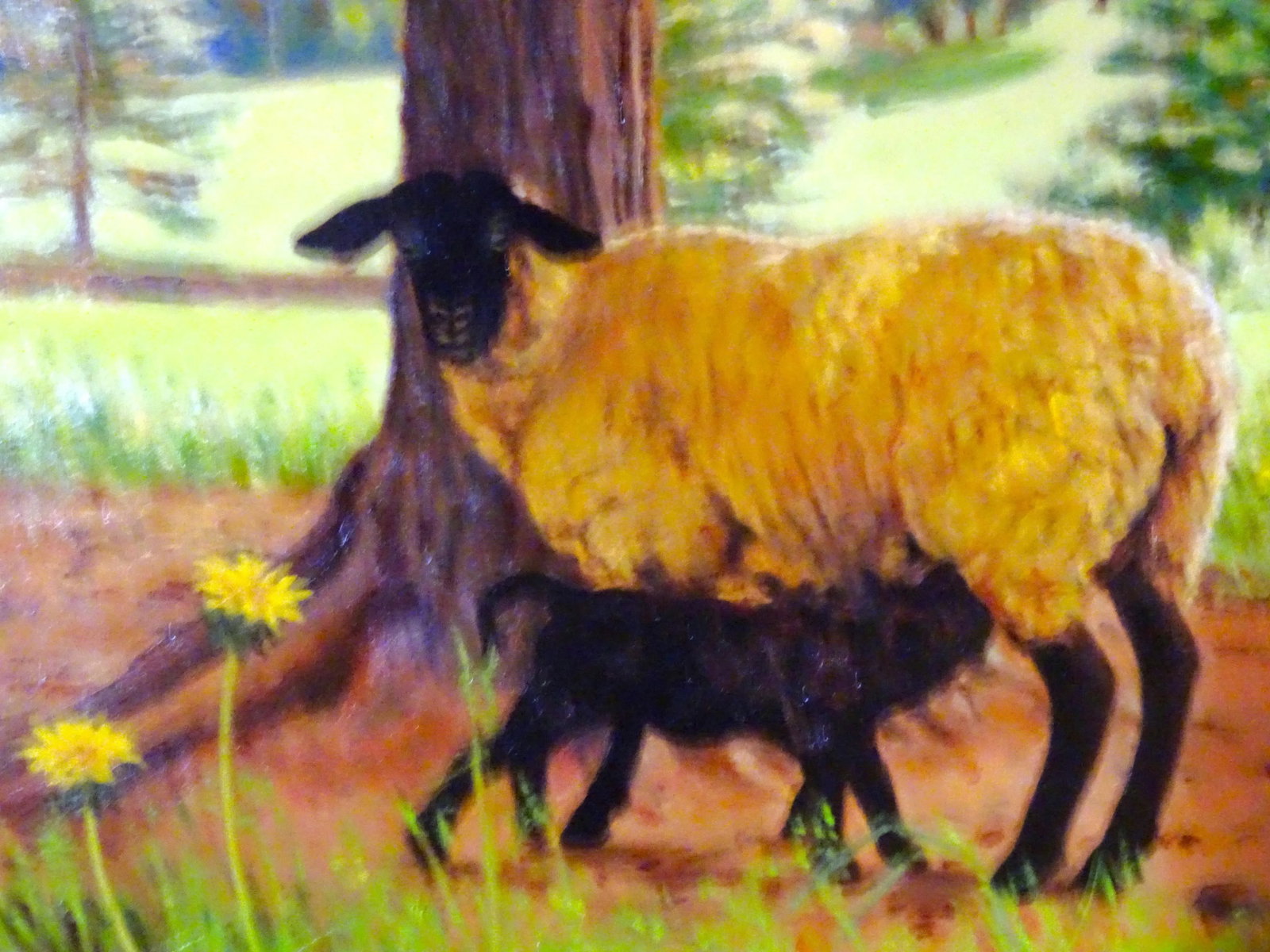 2005 "Ewe and Lamb", Oil Painting on Masonite by Sandra Eames, Framed - 10