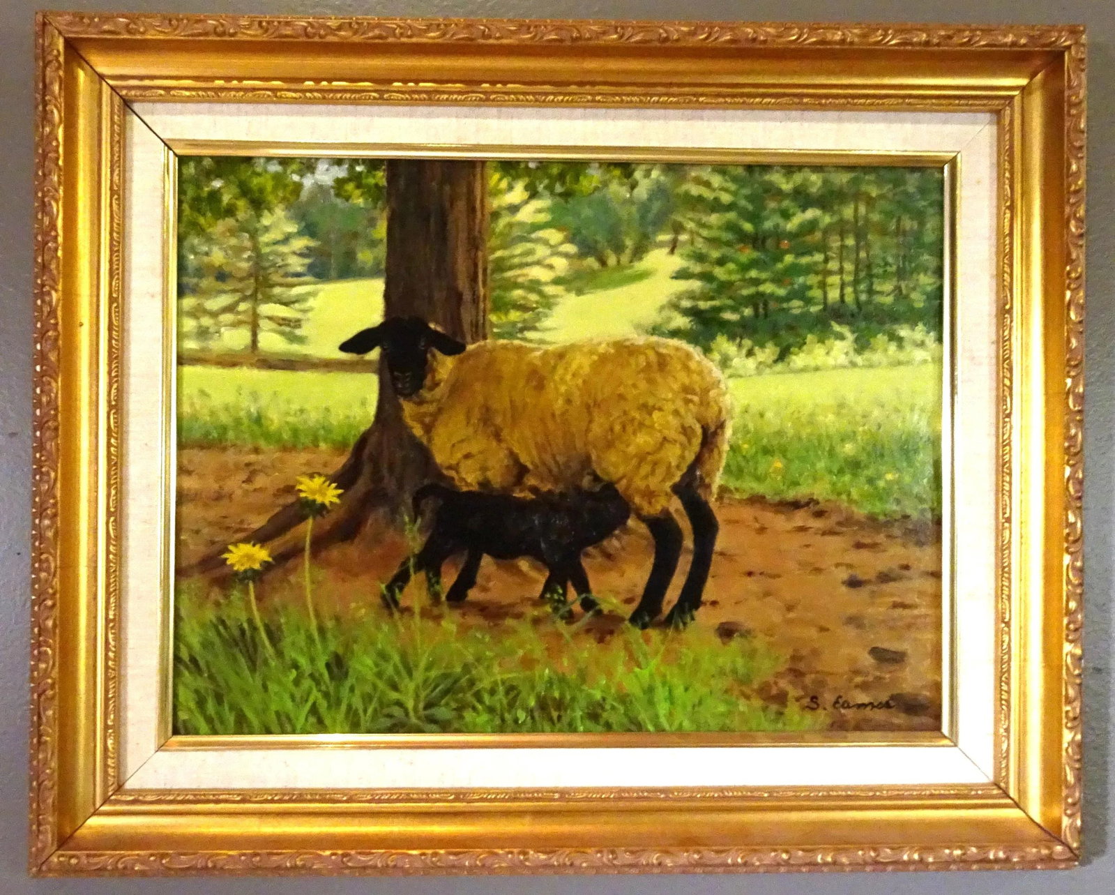 2005 "Ewe and Lamb", Oil Painting on Masonite by Sandra Eames, Framed - 11