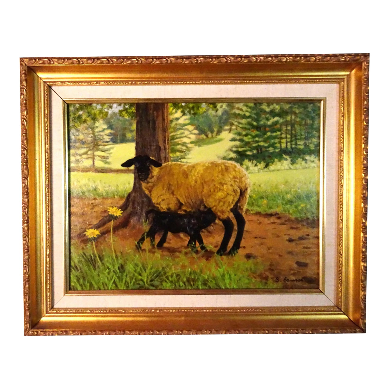 2005 "Ewe and Lamb", Oil Painting on Masonite by Sandra Eames, Framed: This oil painting on Masonite panel captures the bond between mother and child, as the ewe looks toward the artist and viewer while she feeds her black lamb under the shade of a tree. The Vermont