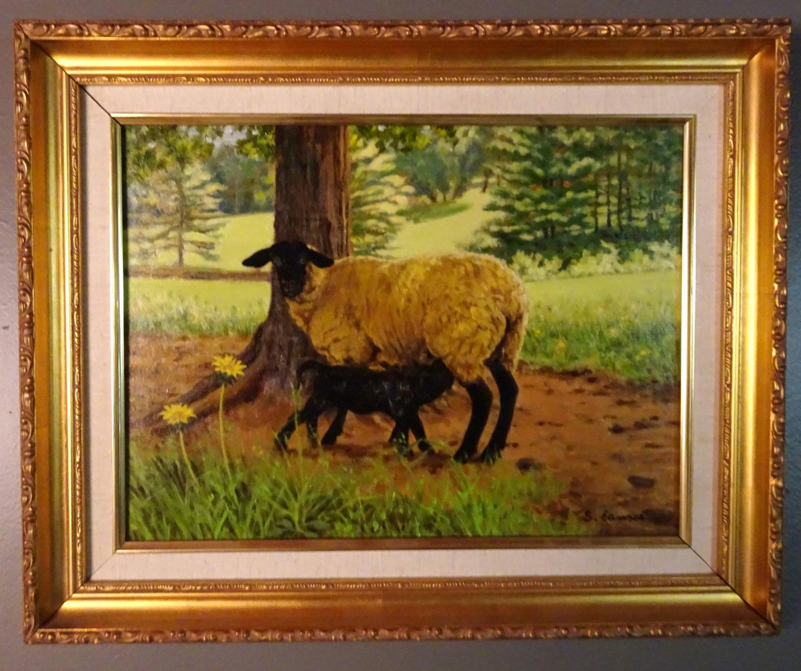 2005 "Ewe and Lamb", Oil Painting on Masonite by Sandra Eames, Framed - 3