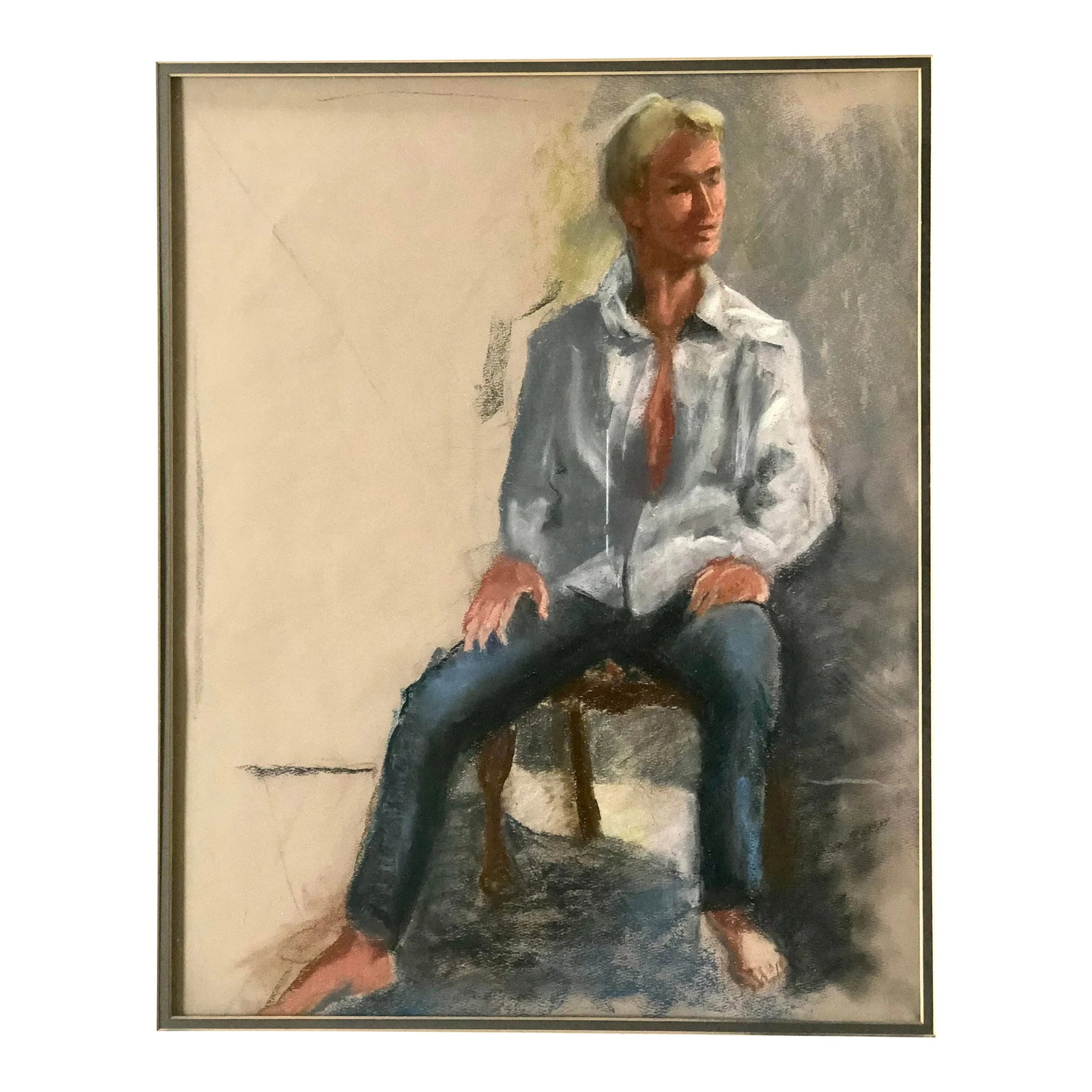 Mid Century Pastel Portrait of a Young Man: Purchased at the estate of the artist, this pastel portrait of an attractive young blonde man seated in a chair. The artist has titled it 'David'. Double matted in a light mid century wood frame.