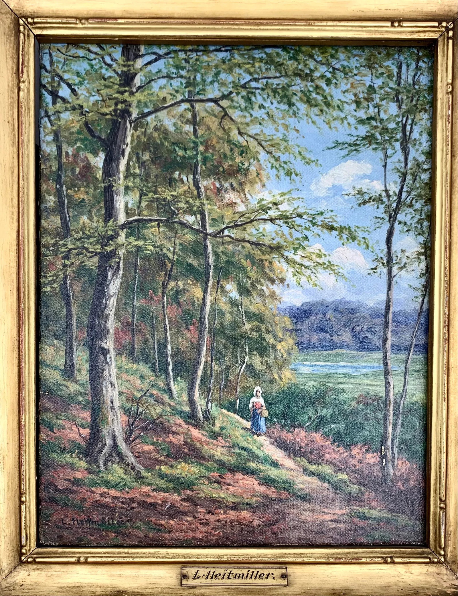 Antique Oil Painting of a Lady in the Forest Trail, Signed and Framed - 10