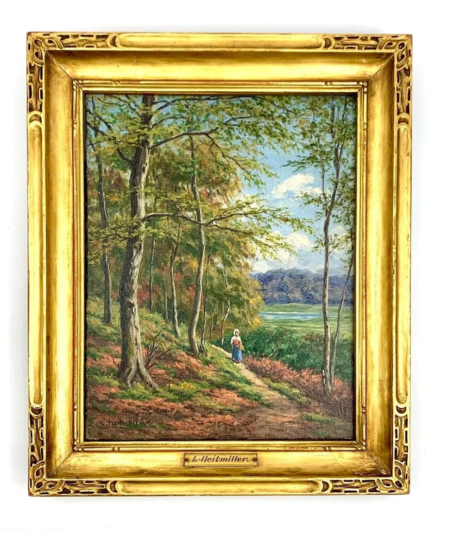 Antique Oil Painting of a Lady in the Forest Trail, Signed and Framed - 12