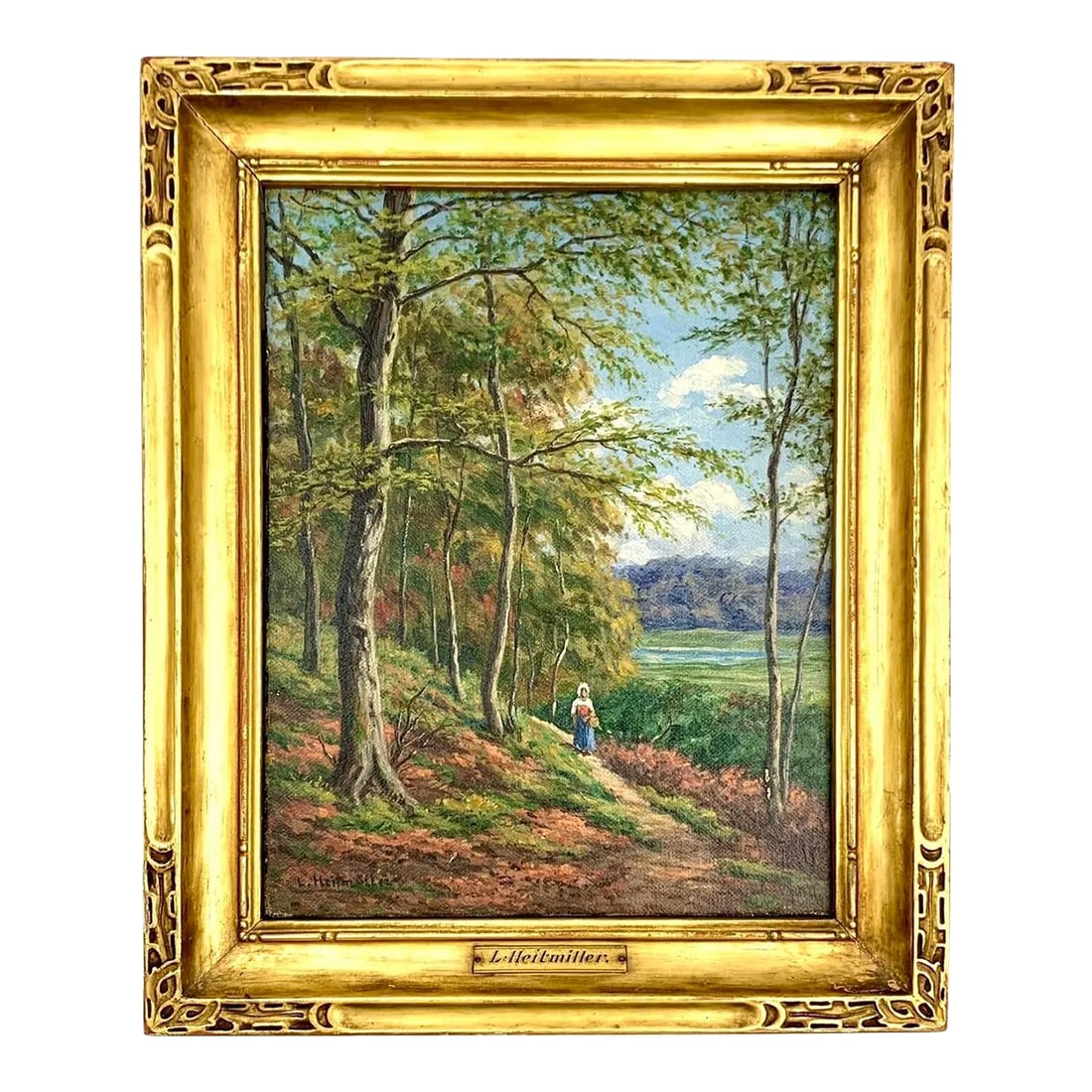 Antique Oil Painting of a Lady in the Forest Trail, Signed and Framed (1 of 12)