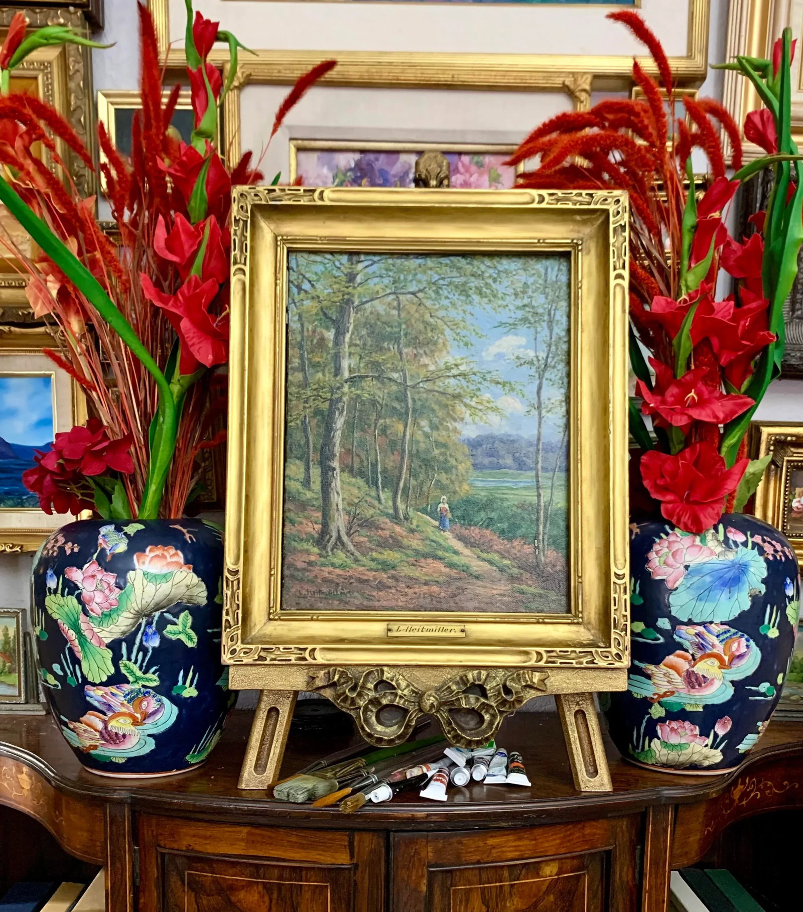 Antique Oil Painting of a Lady in the Forest Trail, Signed and Framed - 2