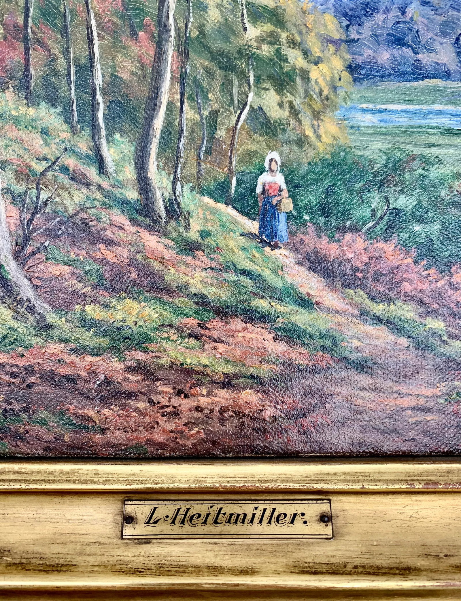 Antique Oil Painting of a Lady in the Forest Trail, Signed and Framed - 4