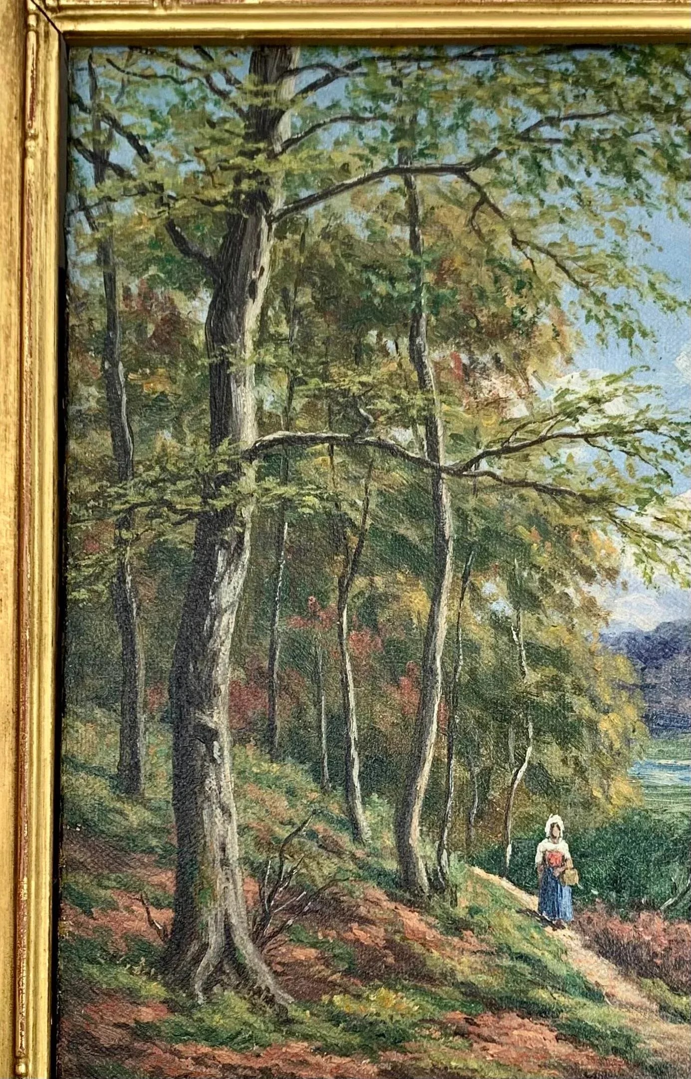 Antique Oil Painting of a Lady in the Forest Trail, Signed and Framed - 6