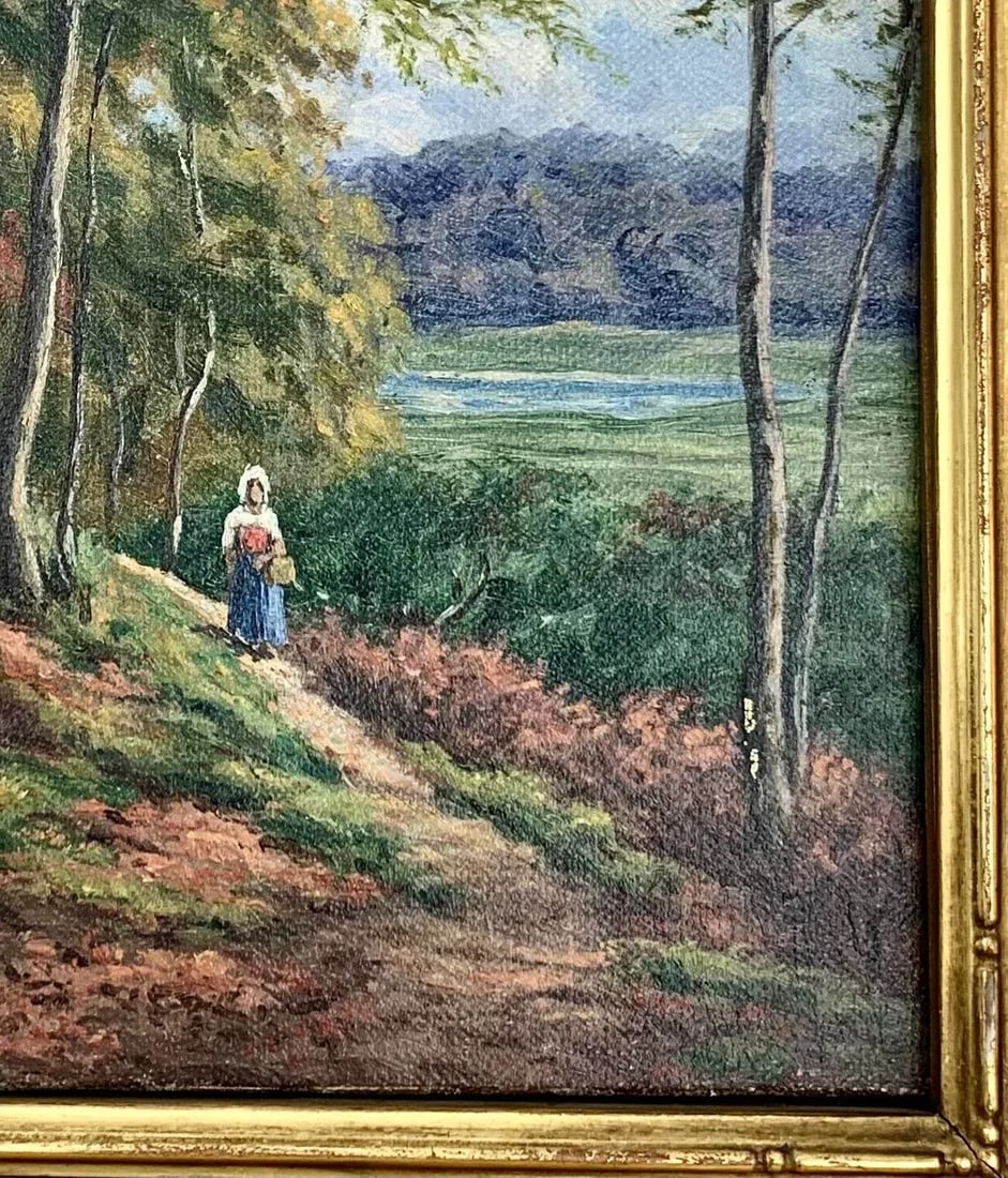 Antique Oil Painting of a Lady in the Forest Trail, Signed and Framed - 7