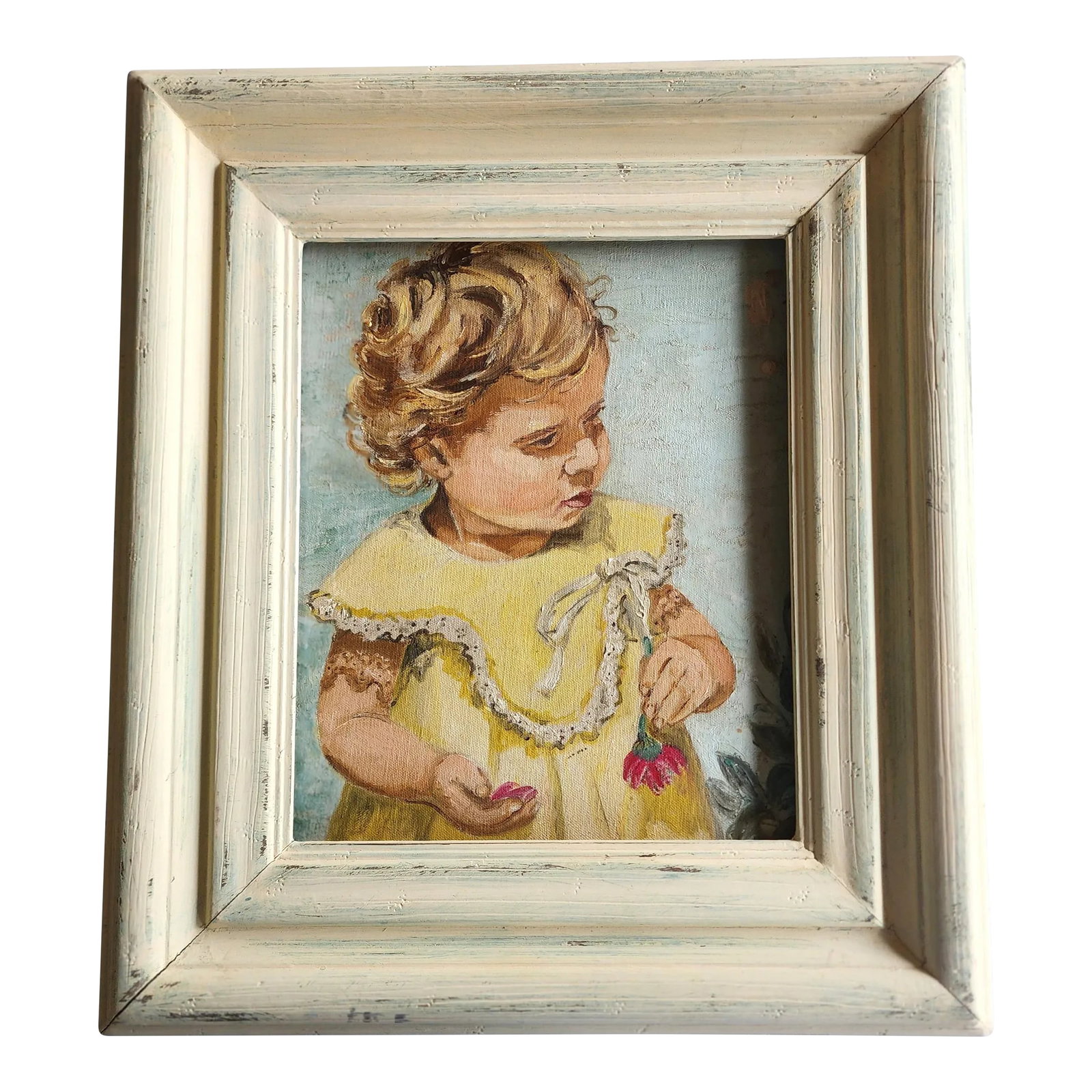 Mid 20th Century Expressionist Portrait Painting of a Baby Girl in a Yellow Dress, Framed: Sweet baby girl in a lacy collared yellow dress holding a flower and it's petals in her hands. Oil painting on canvas in a distressed off- white frame. It would work well with a variety of decors